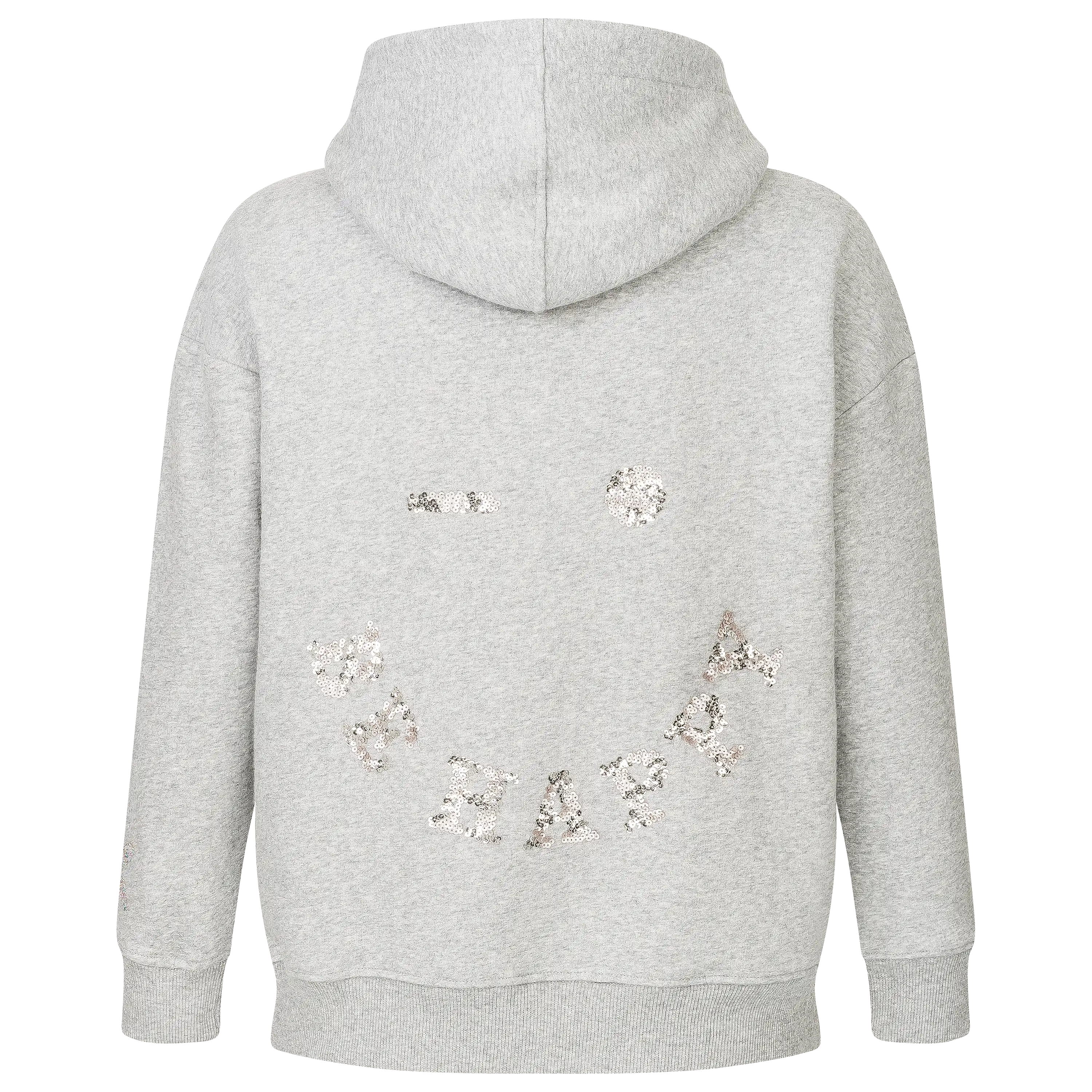 Grauer Kapuzenpullover von PRO-ducto GmbH mit Pailletten-Smiley auf dem Rücken; professionelle Textilfotografie für hochwertige Produktfotos.