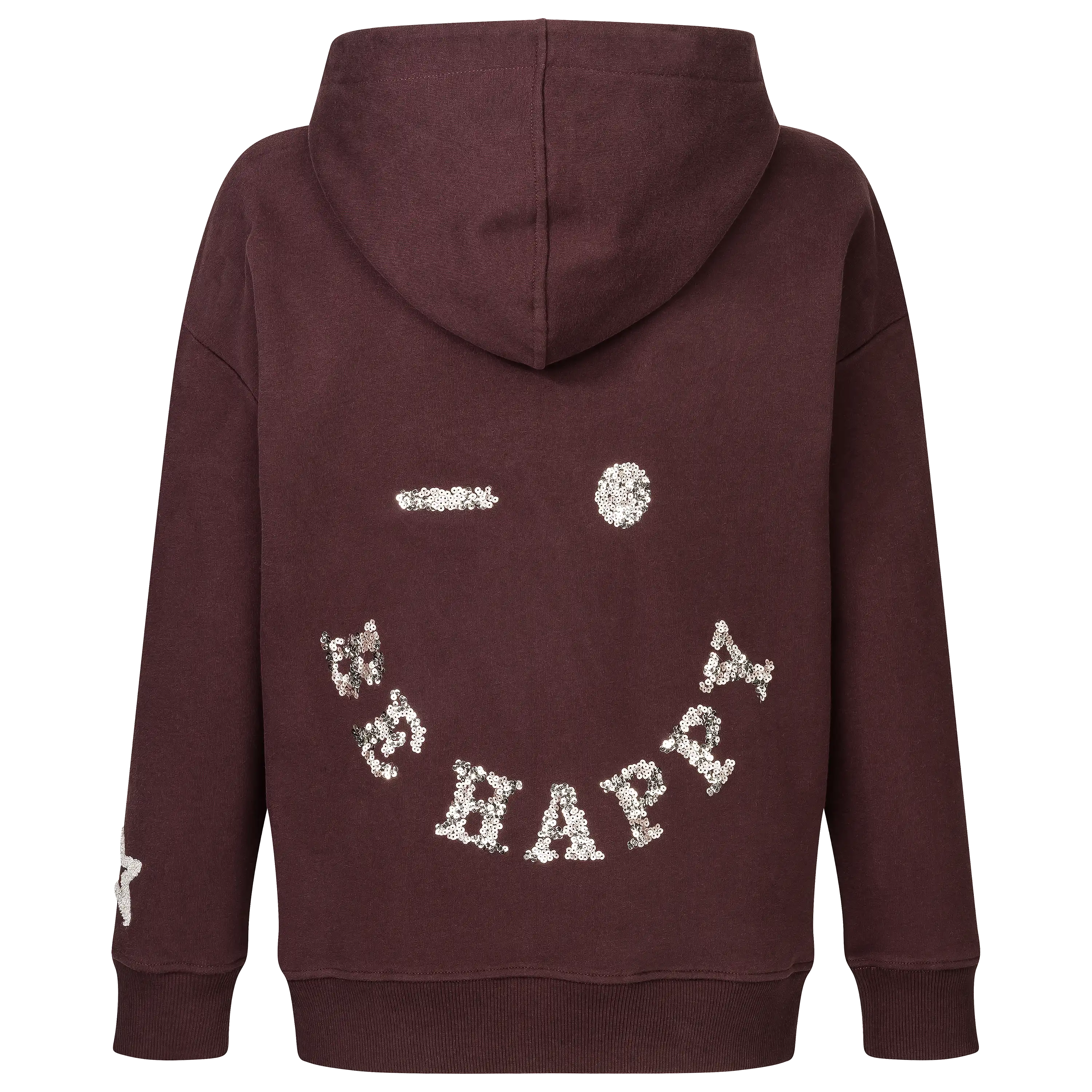Rückansicht eines dunkelroten Hoodies für professionelle Produktfotografie von PRO-ducto GmbH mit silberner Pailletten-Applikation und Be Happy Schriftzug.