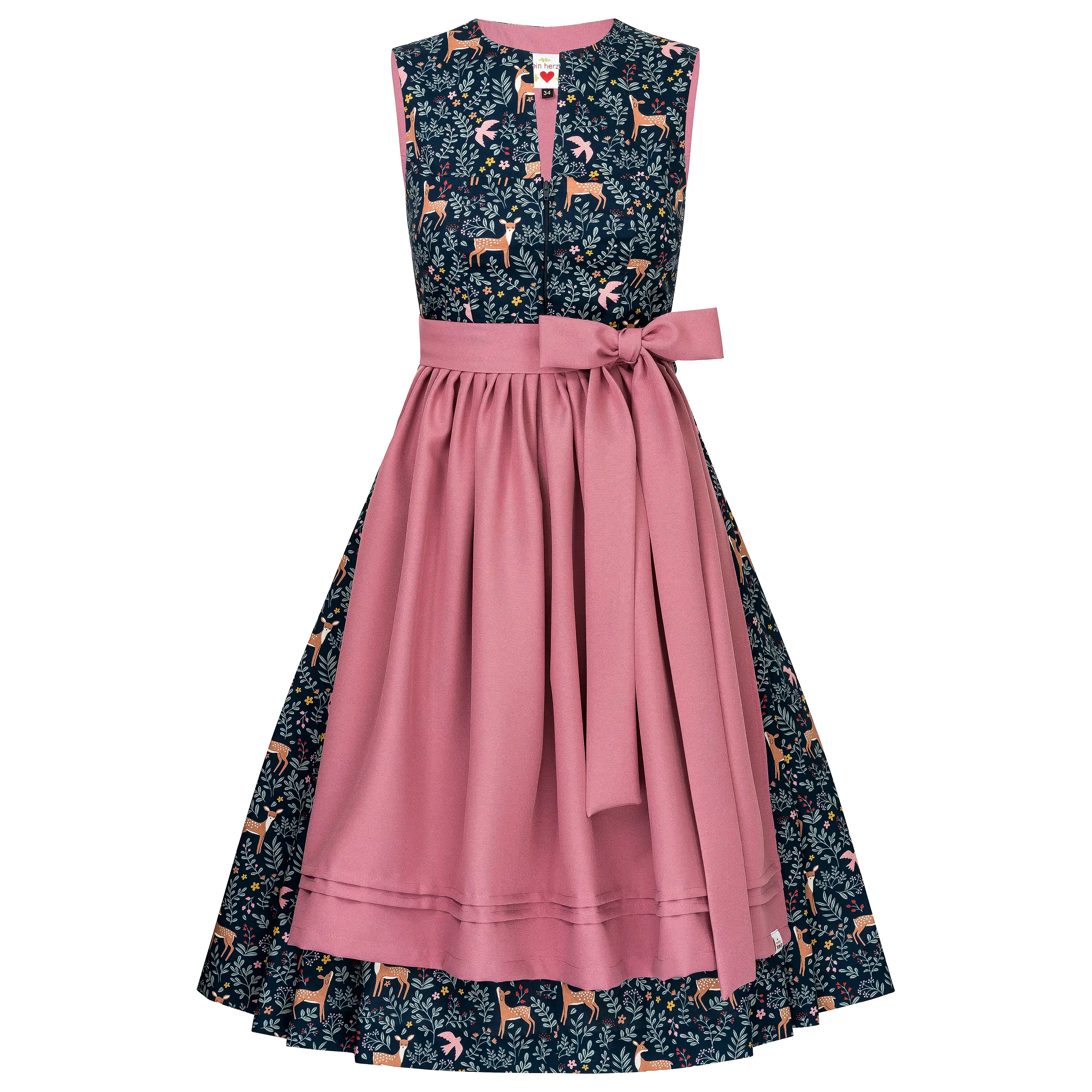 Professionelle Produktfotografie eines ärmellosen Dirndls mit Reh-Muster und rosa Schürze von PRO-ducto GmbH.