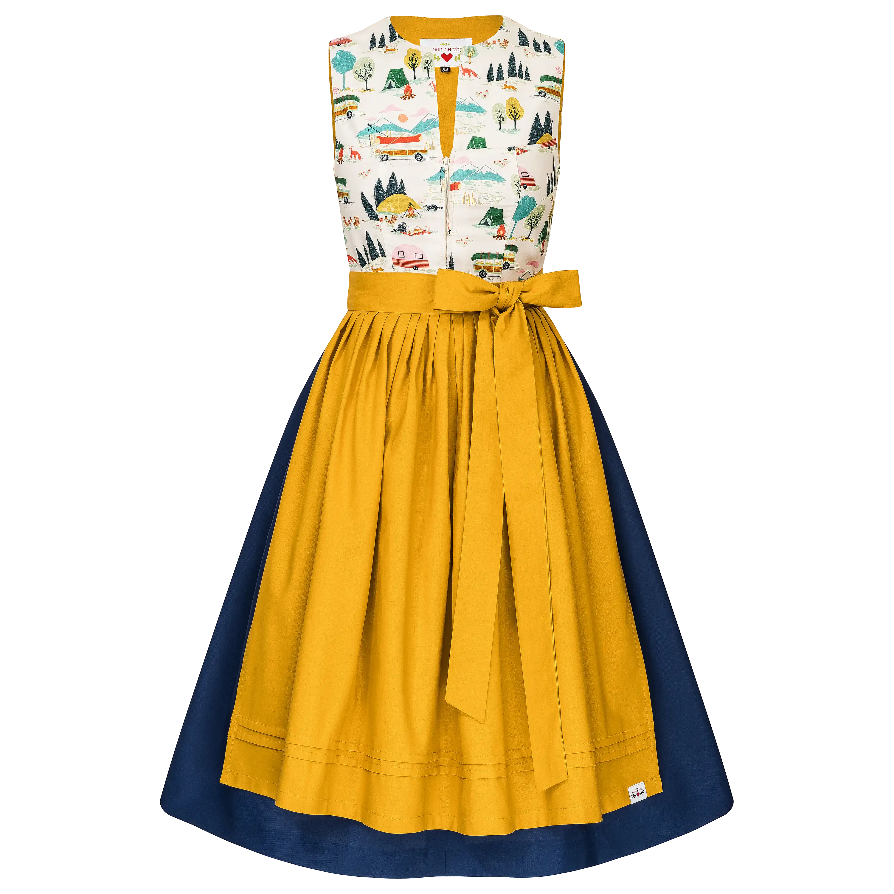 Professionelle Produktfotografie eines Dirndls mit Camping-Muster, gelber Schürze und blauem Rock von PRO-ducto.