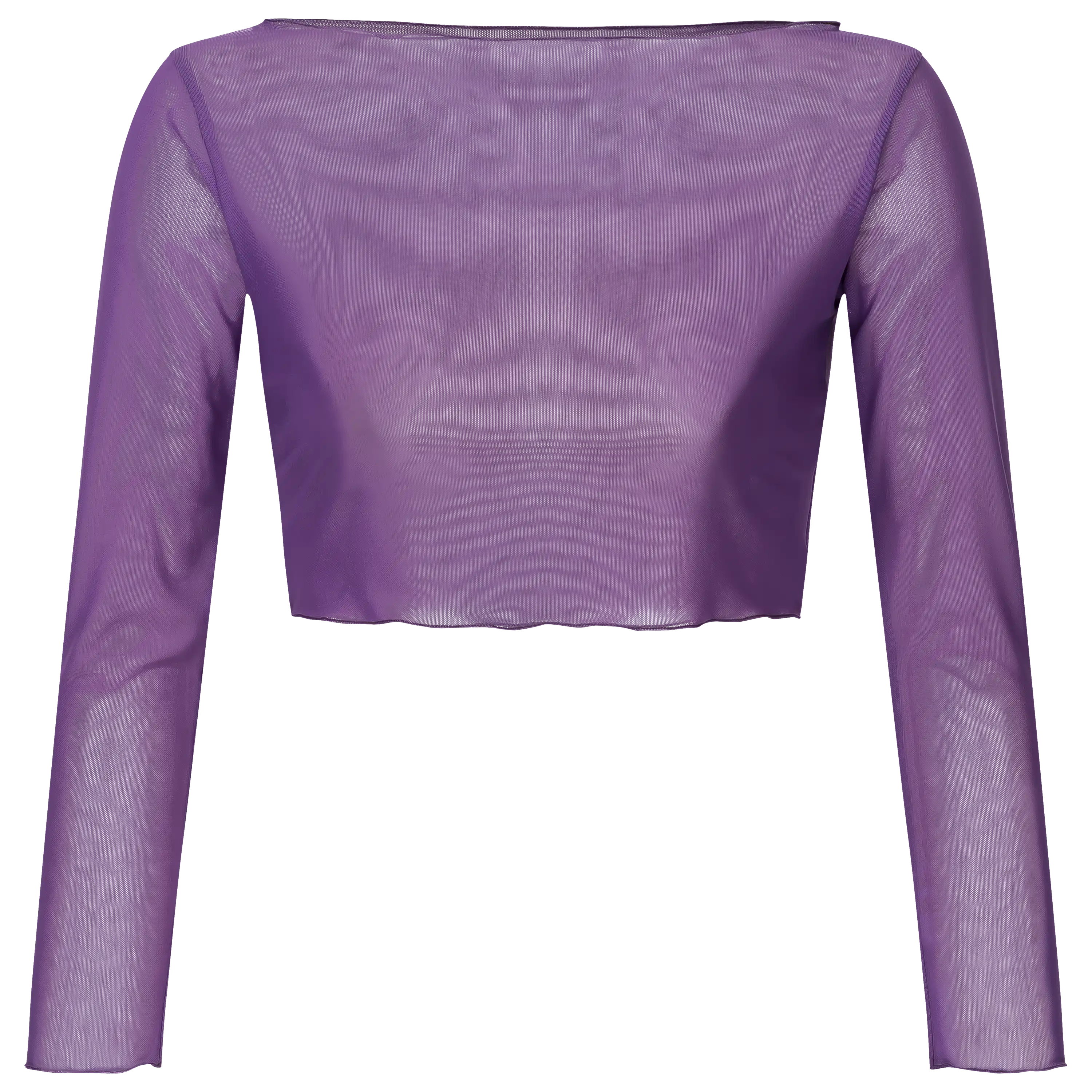 Professionelle Produktfotografie: Ein lilafarbenes Langarm-Crop-Top aus Mesh als Freisteller für hochwertige Produktbilder und Textilfotografie. PRO-ducto GmbH