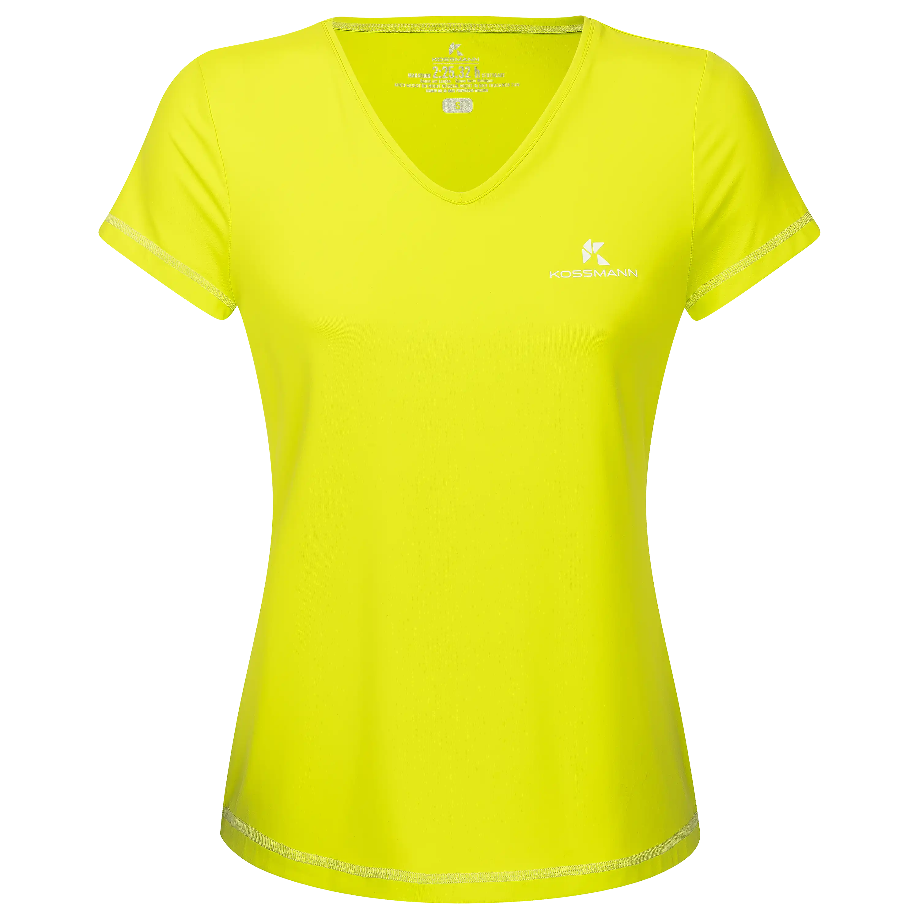 Professionelle Produktfotografie von PRO-ducto GmbH: Ein neongelbes Damen-Sportshirt mit V-Ausschnitt und Kossmann-Logo für die Textilfotografie.