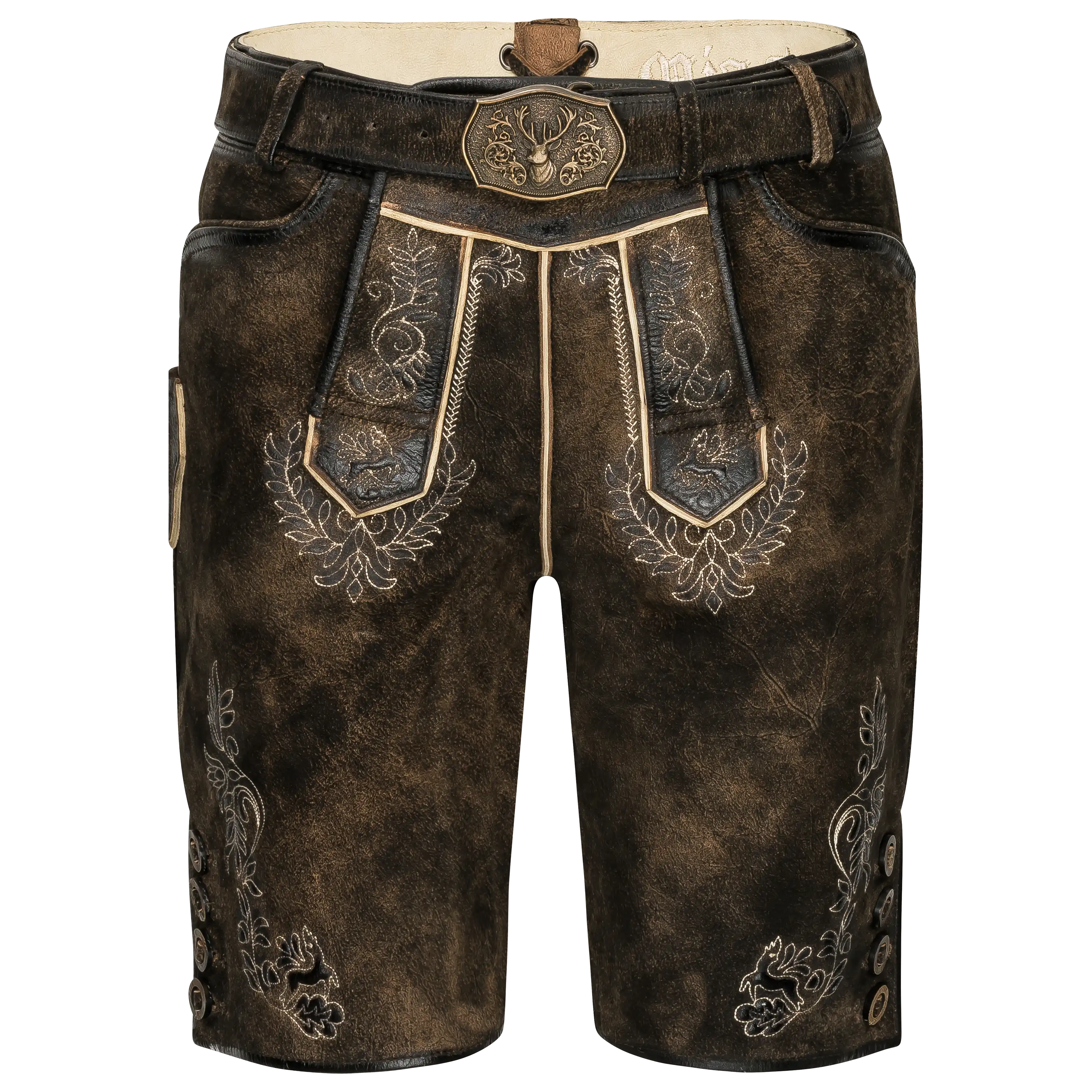 Professionelle Produktfotografie einer braunen Lederhose mit Stickereien als Freisteller. Ideal, um hochwertige Bekleidung fotografieren zu lassen. PRO-ducto GmbH