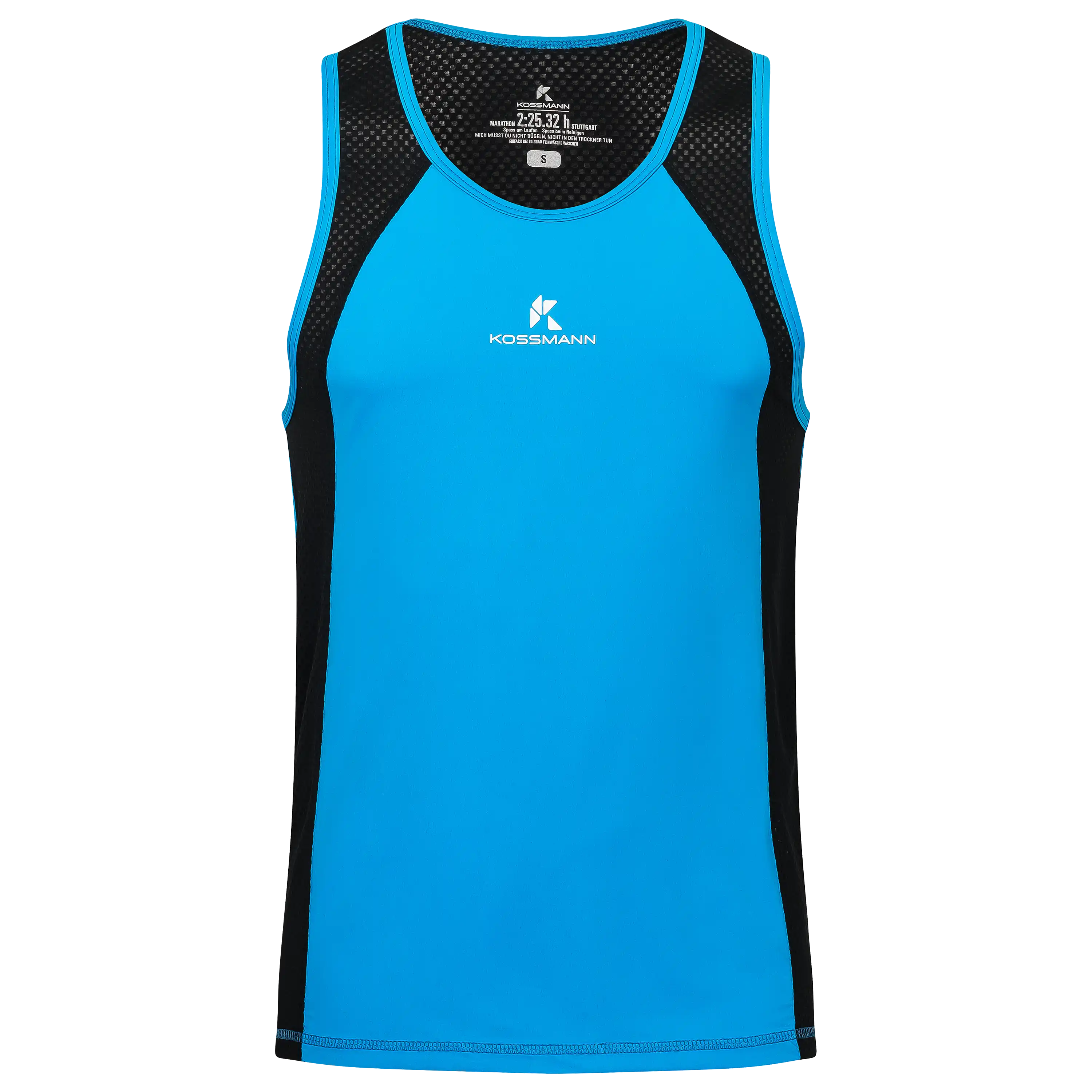Professionelle Produktfotografie von PRO-ducto GmbH: Blaues Kossmann Laufshirt für die Textilfotografie, ideal um hochwertige Bekleidung zu fotografieren.