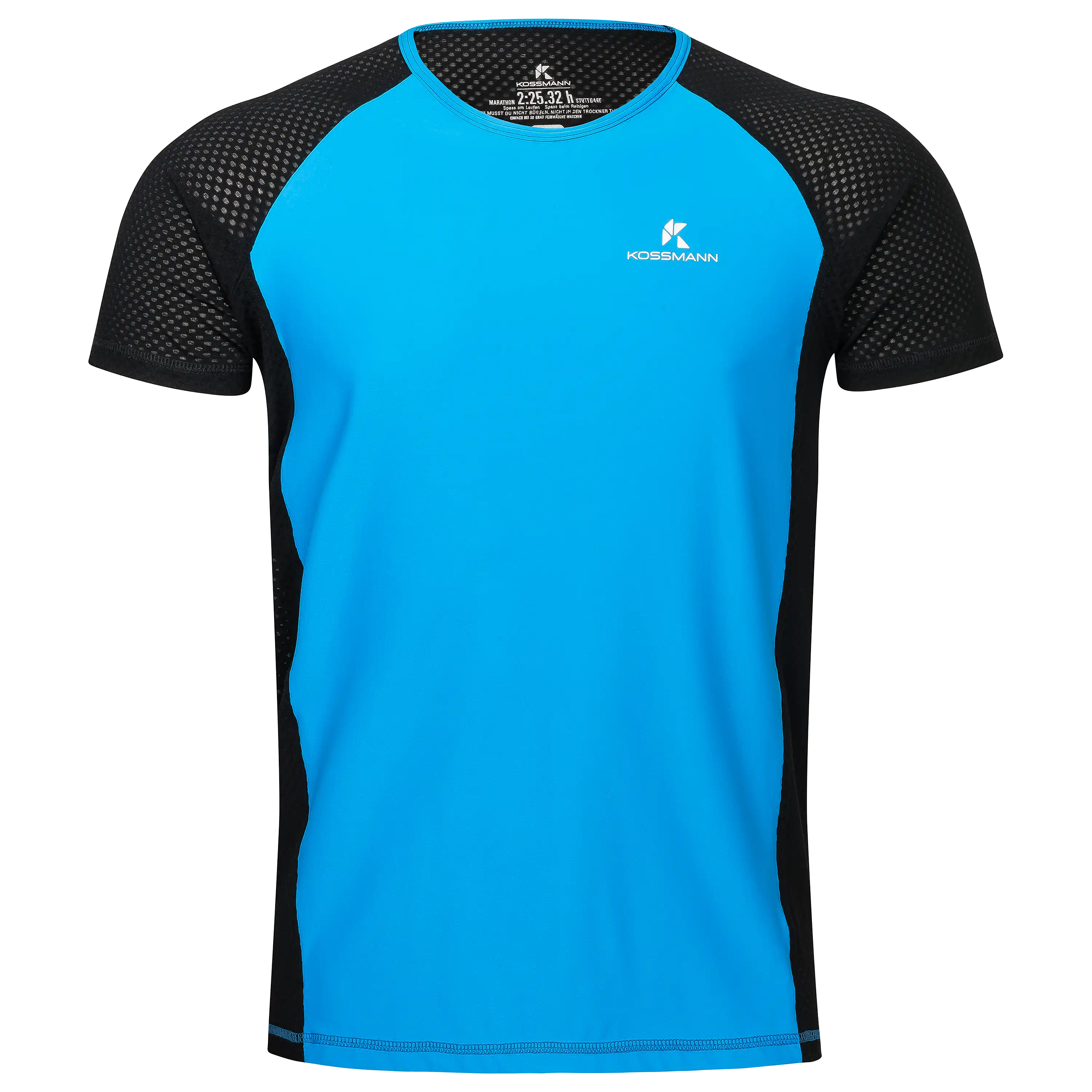 Professionelle Produktfotografie eines blauen Kossmann Sport-T-Shirts mit schwarzen Mesh-Einsätzen für die optimale Textilfotografie bei PRO-ducto GmbH.