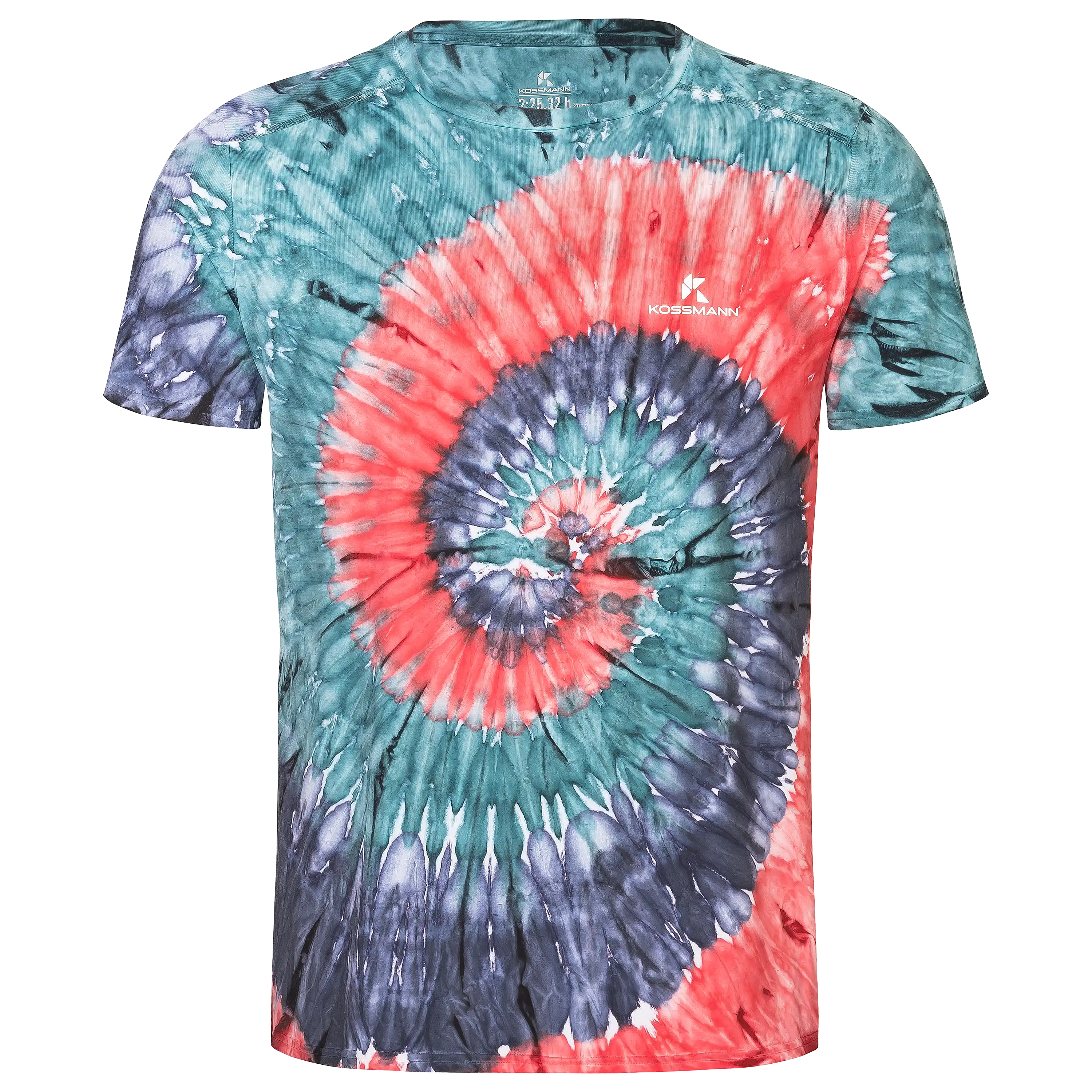 Professionelle Produktfotografie eines Kossmann T-Shirts mit buntem Spiralmuster für die Textilfotografie.