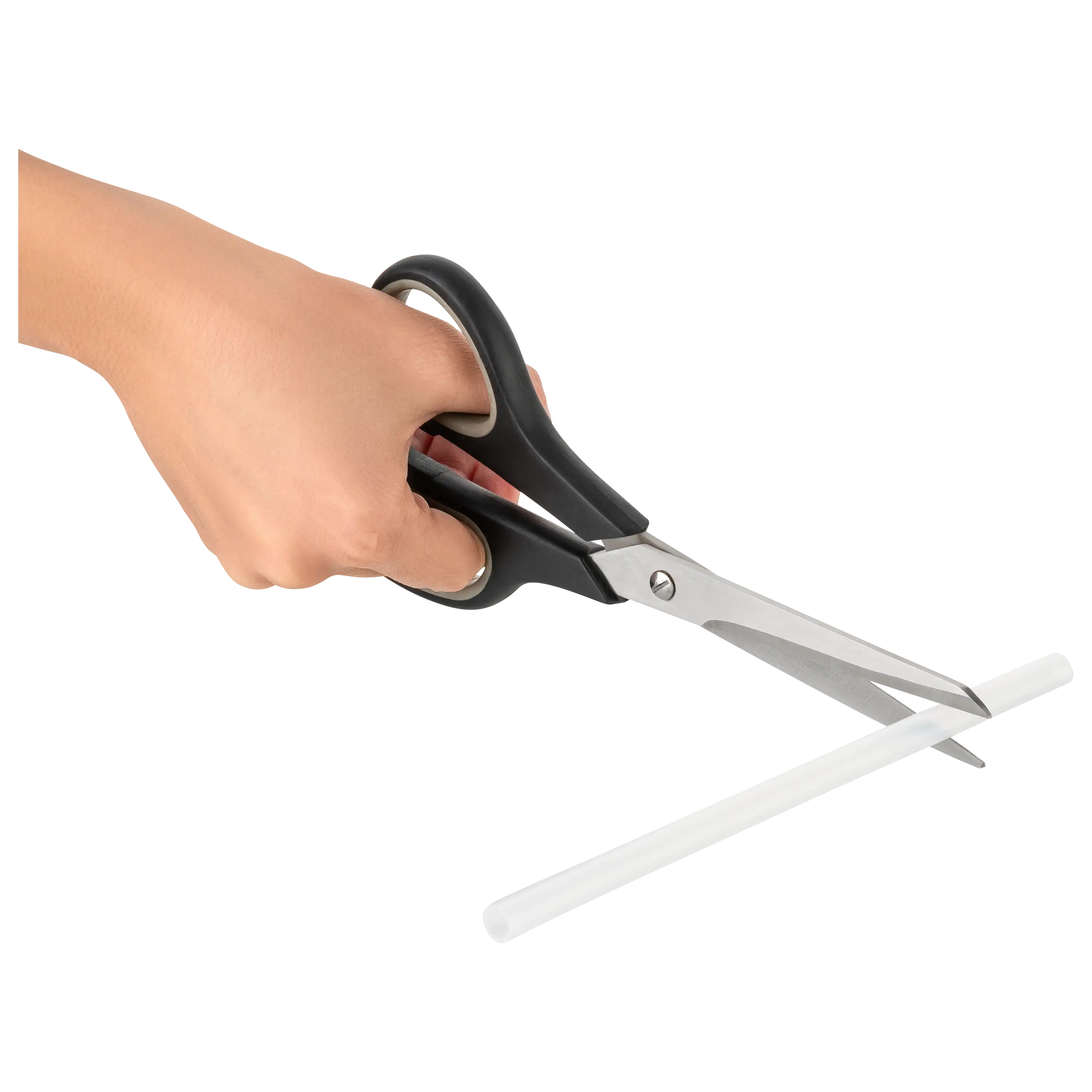 PRO-ducto GmbH Professionelle Produktfotografie: Eine Hand schneidet mit einer Schere einen weißen Kunststoffstab. Ideal für Freisteller und Produktbilder erstellen lassen. Produktfotografie
