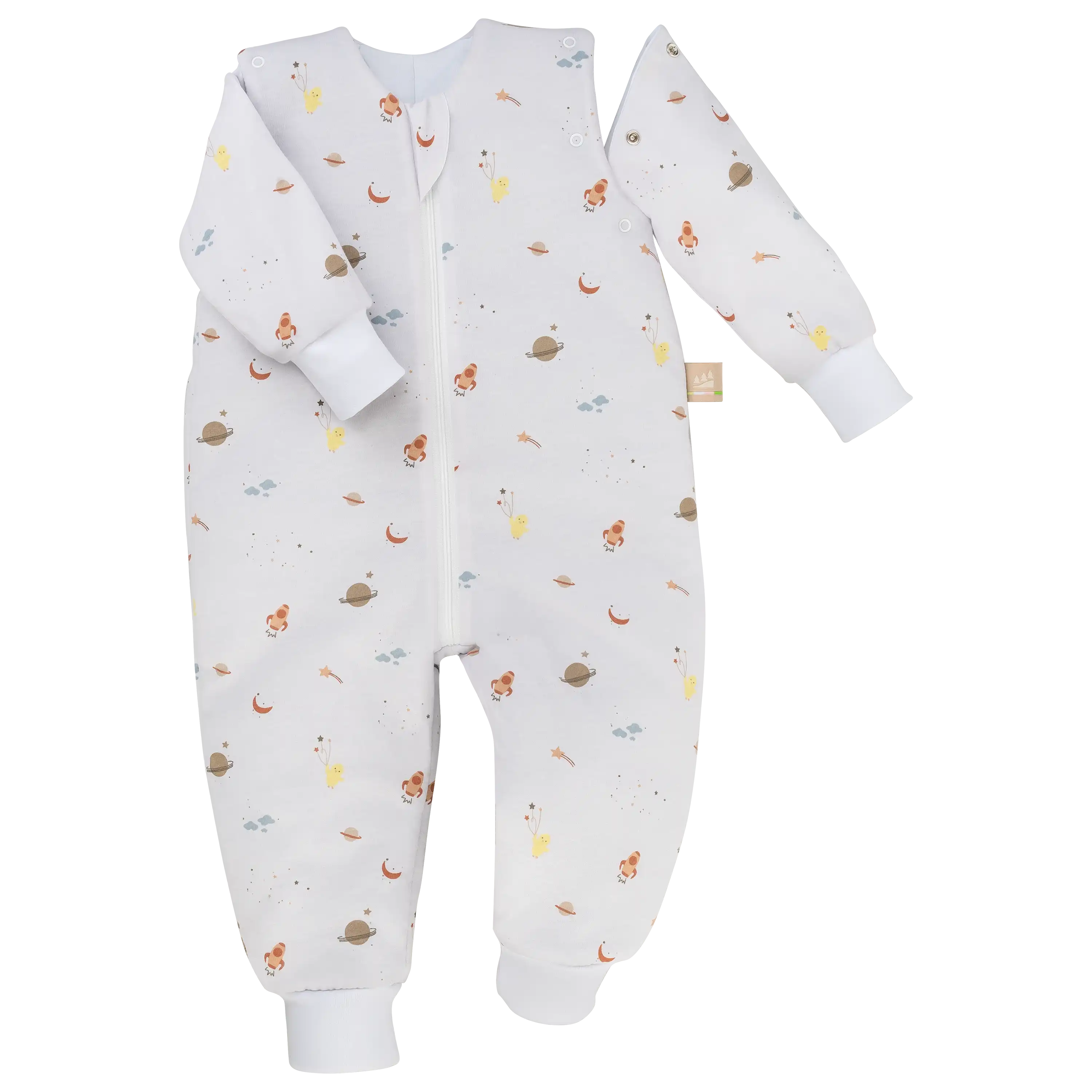 Weißer Babyschlafsack mit Weltraummuster durch PRO-ducto GmbH: Professionelle Produktfotografie für Bekleidung und Textilfotografie von hoher Qualität.