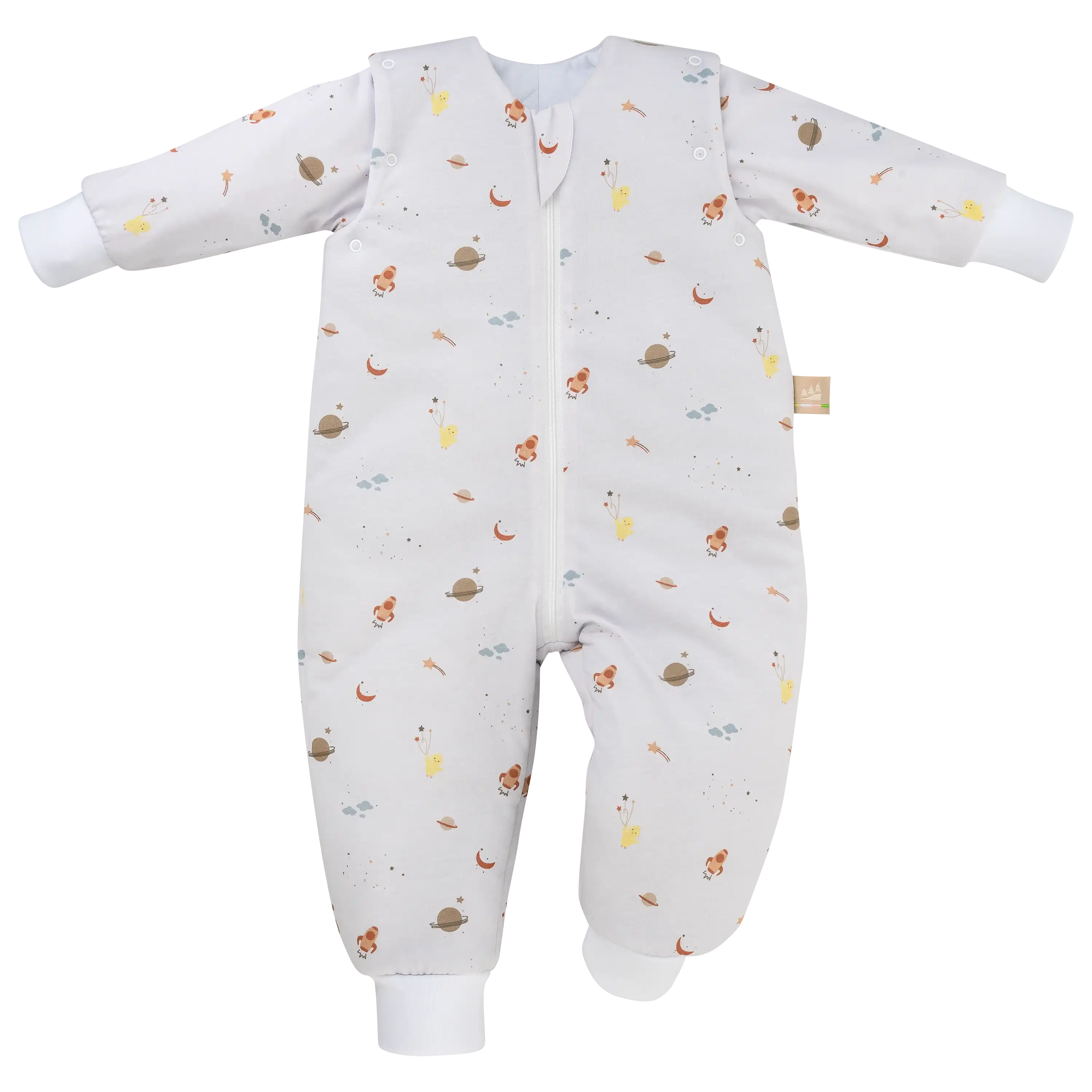 Ein heller Babyschlafsack mit Weltraummuster von PRO-ducto GmbH, ideal für professionelle Produktfotografie von Textilien und Bekleidung.