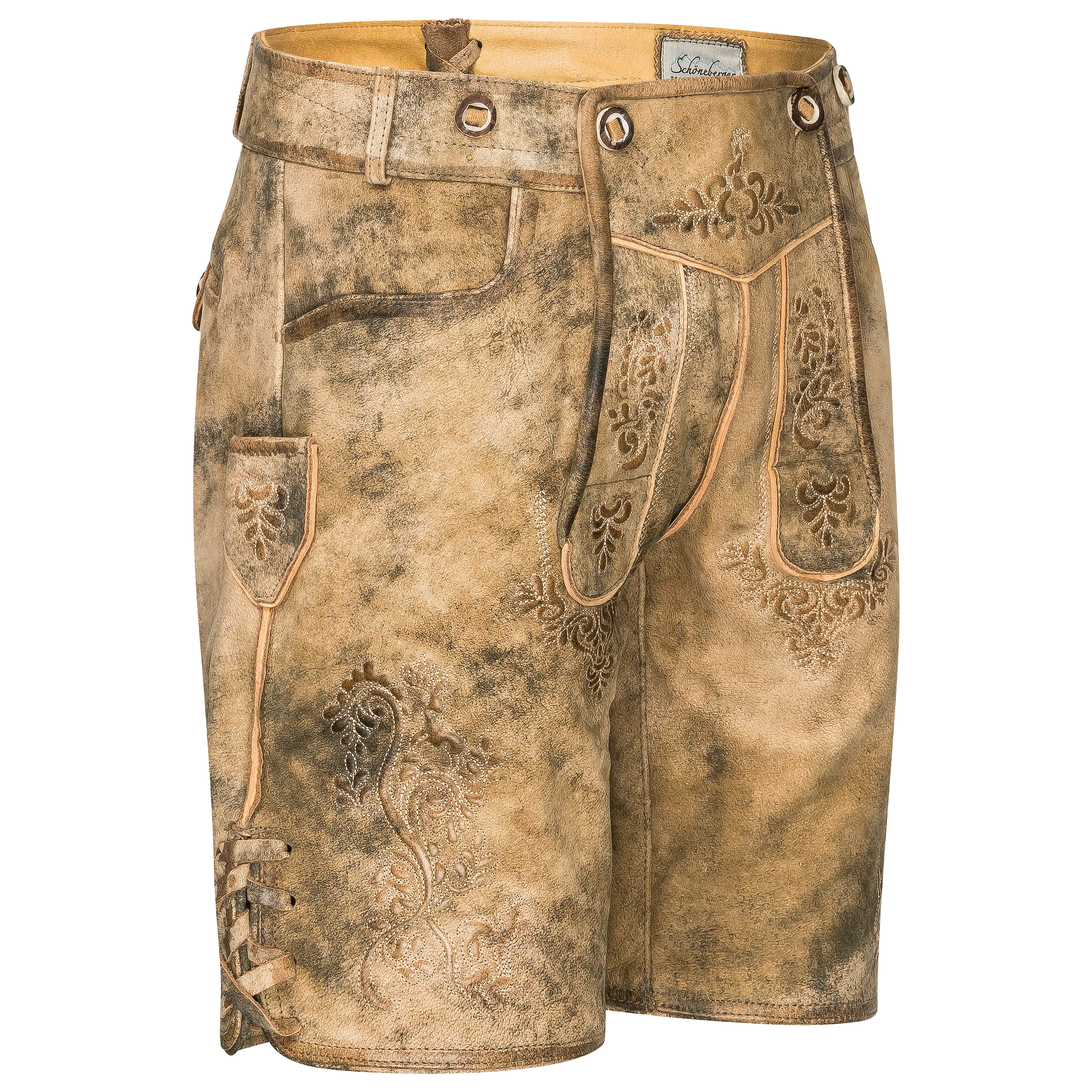 Professionelle Produktfotografie einer braunen Lederhose mit Stickereien für die Textilfotografie von PRO-ducto GmbH.