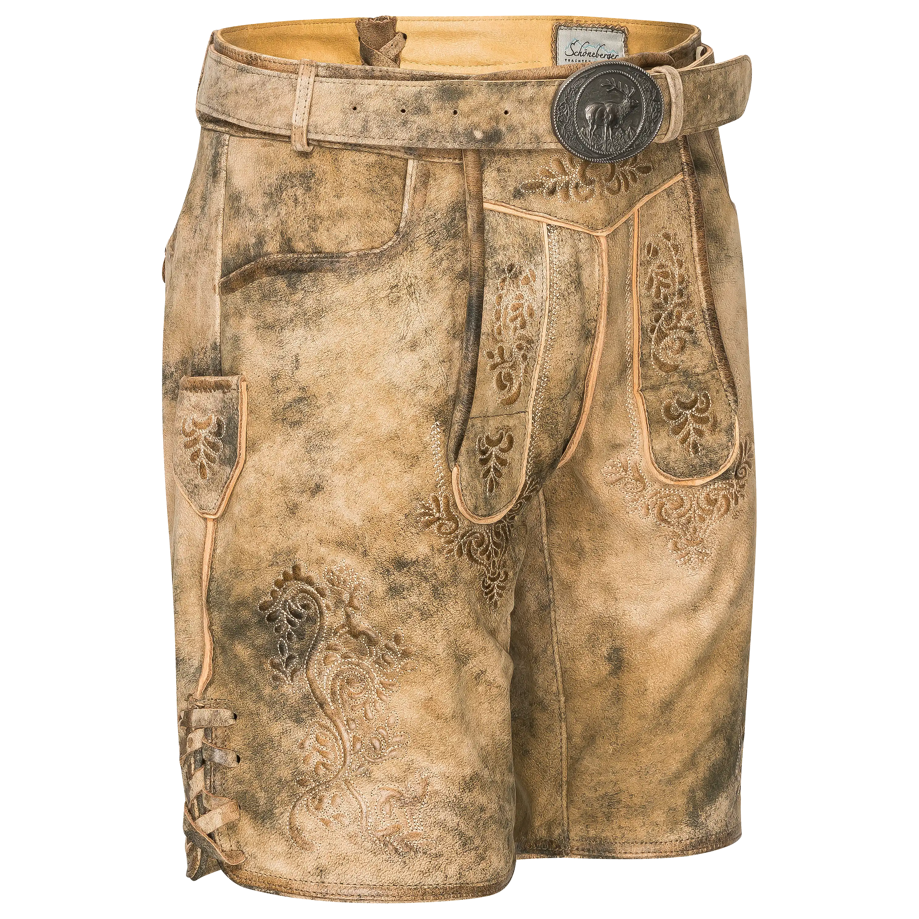 Professionelle Produktfotografie einer braunen Lederhose mit Stickereien für die Textilfotografie von PRO-ducto GmbH.