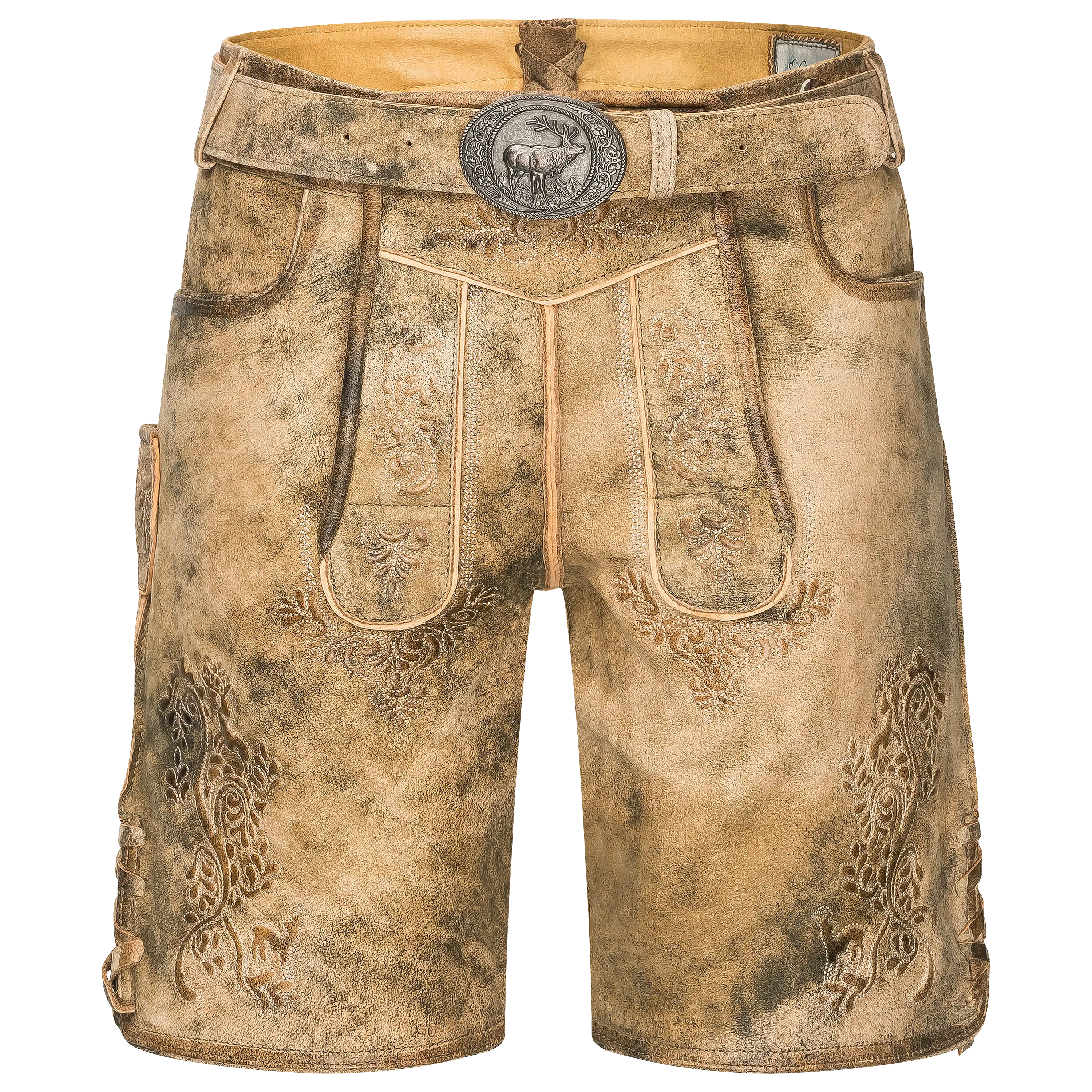 Professionelle Produktfotografie einer braunen Lederhose mit Stickereien für die PRO-ducto GmbH Textilfotografie.