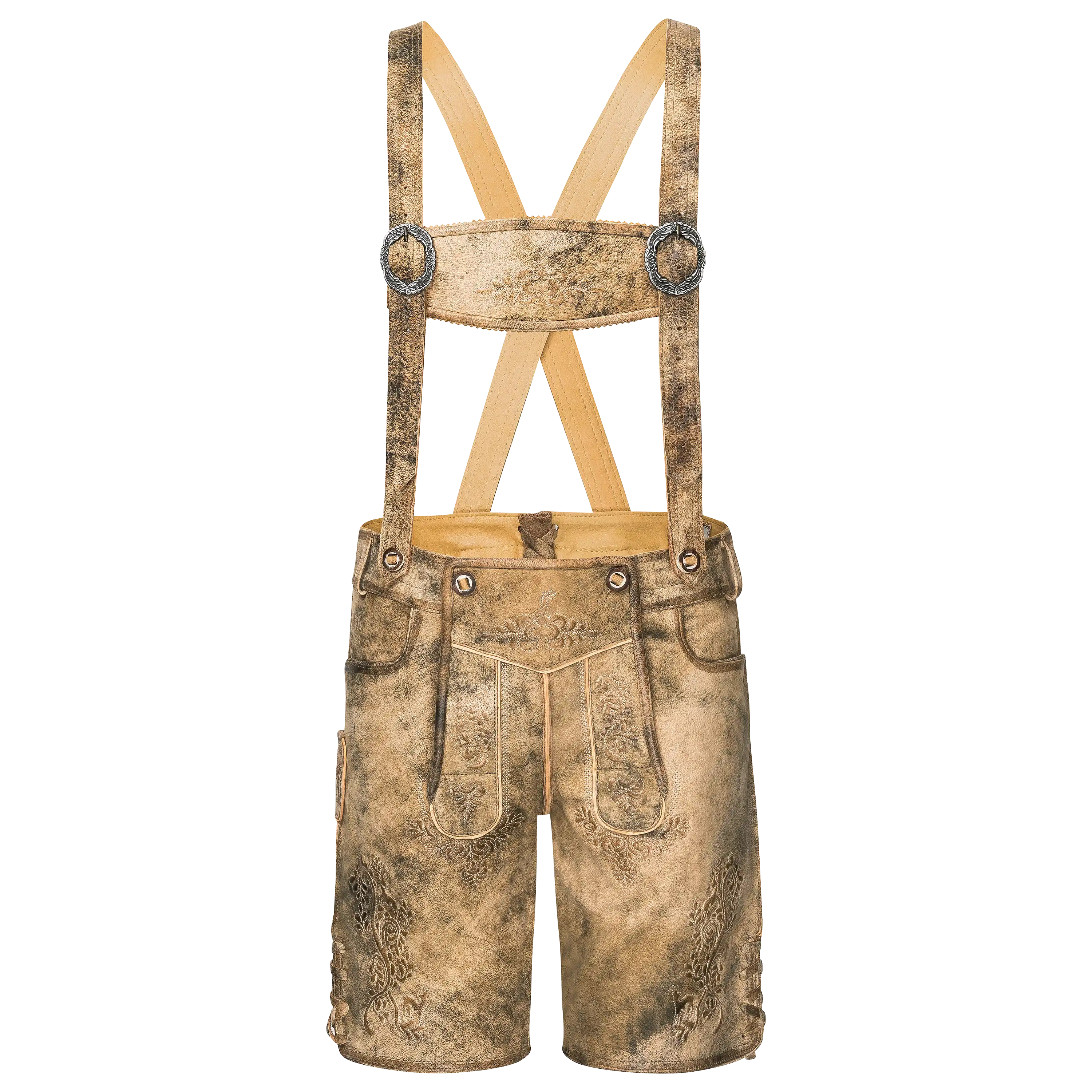 Professionelle Produktfotografie einer braunen Lederhose mit Trägern für die traditionelle Textilfotografie.