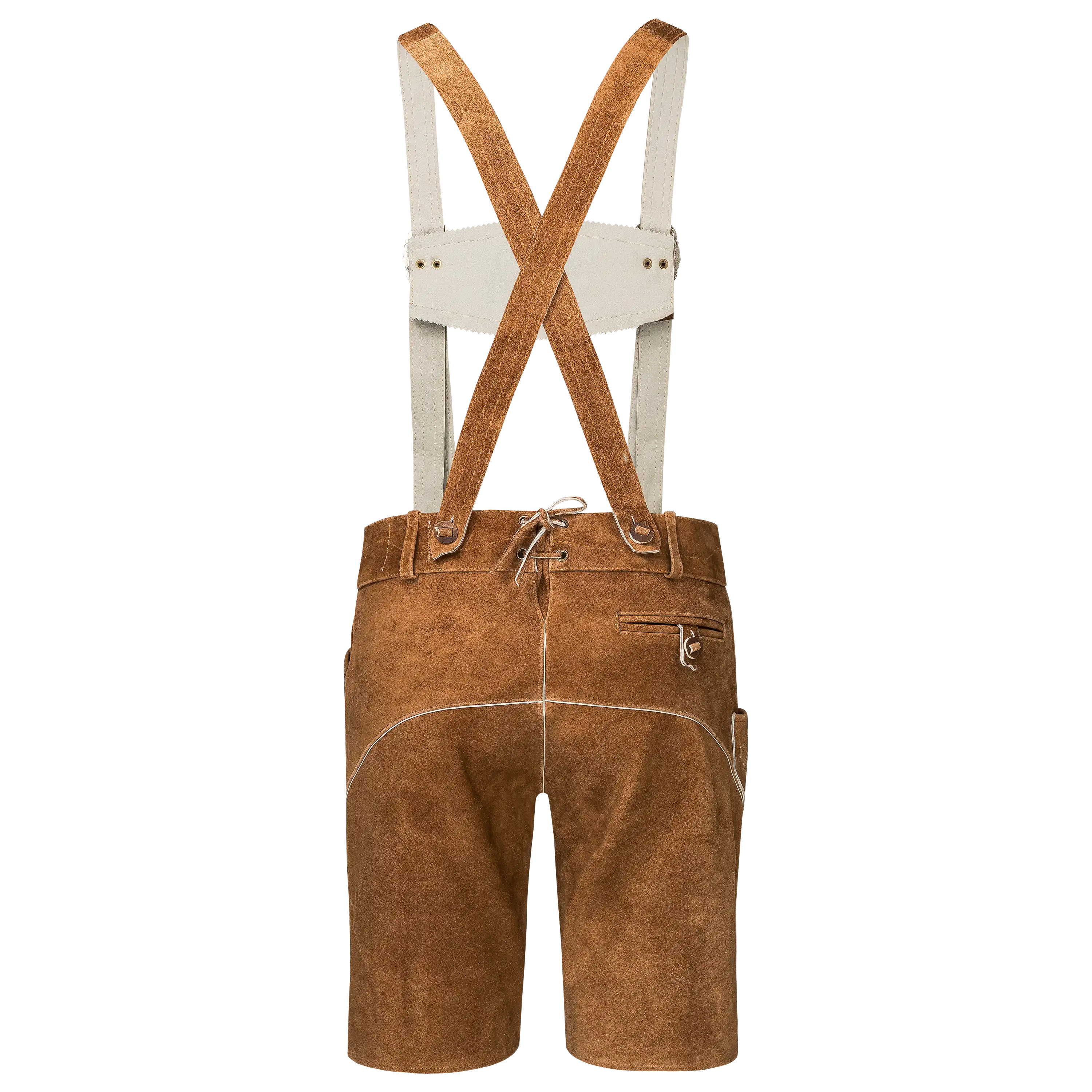 Professionelle Produktfotografie einer braunen Lederhose mit Hosenträgern für die Textilfotografie von PRO-ducto.