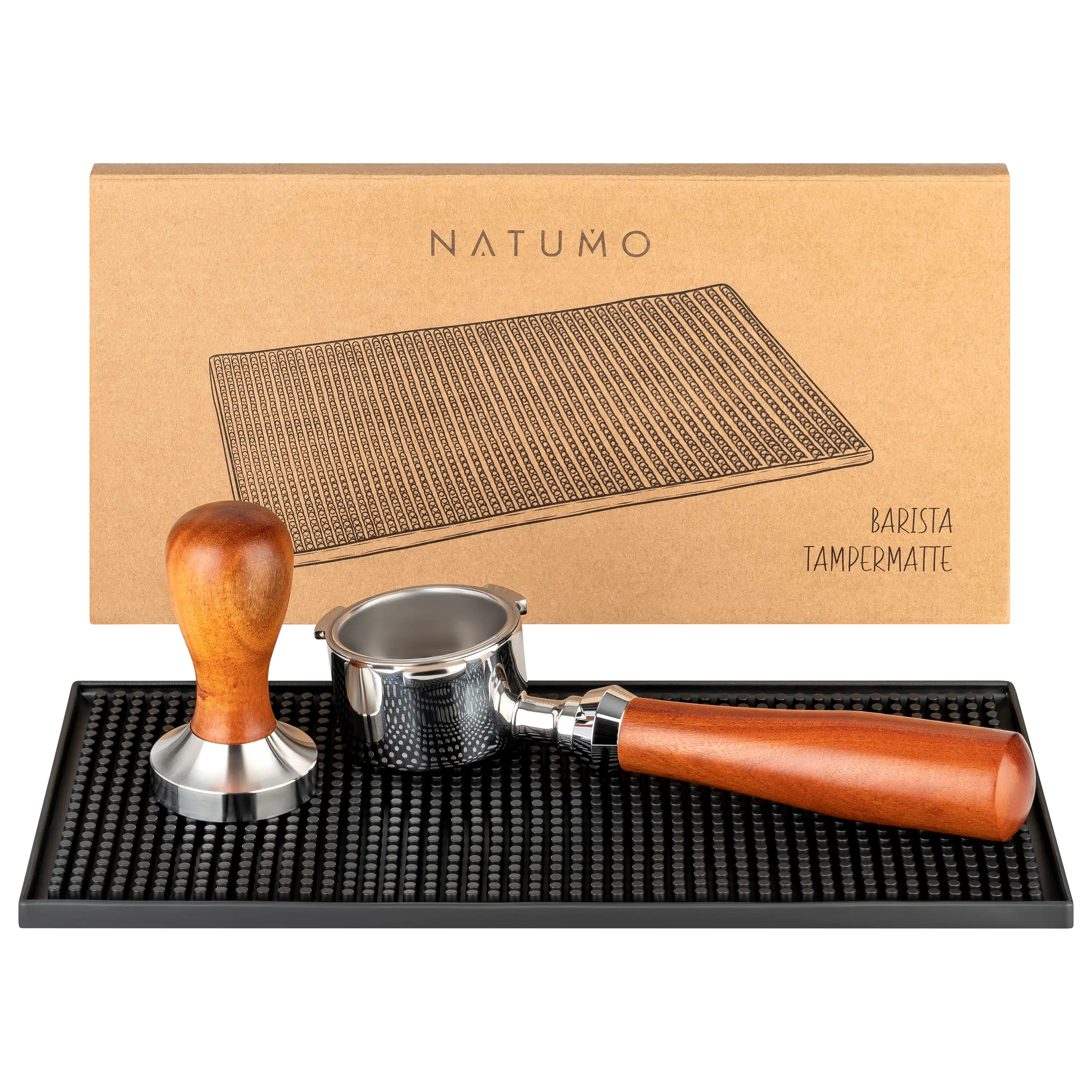 NATUMO Barista Tampermatte mit Siebträger und Tamper vor der Produktverpackung für professionelle Produktfotos.
