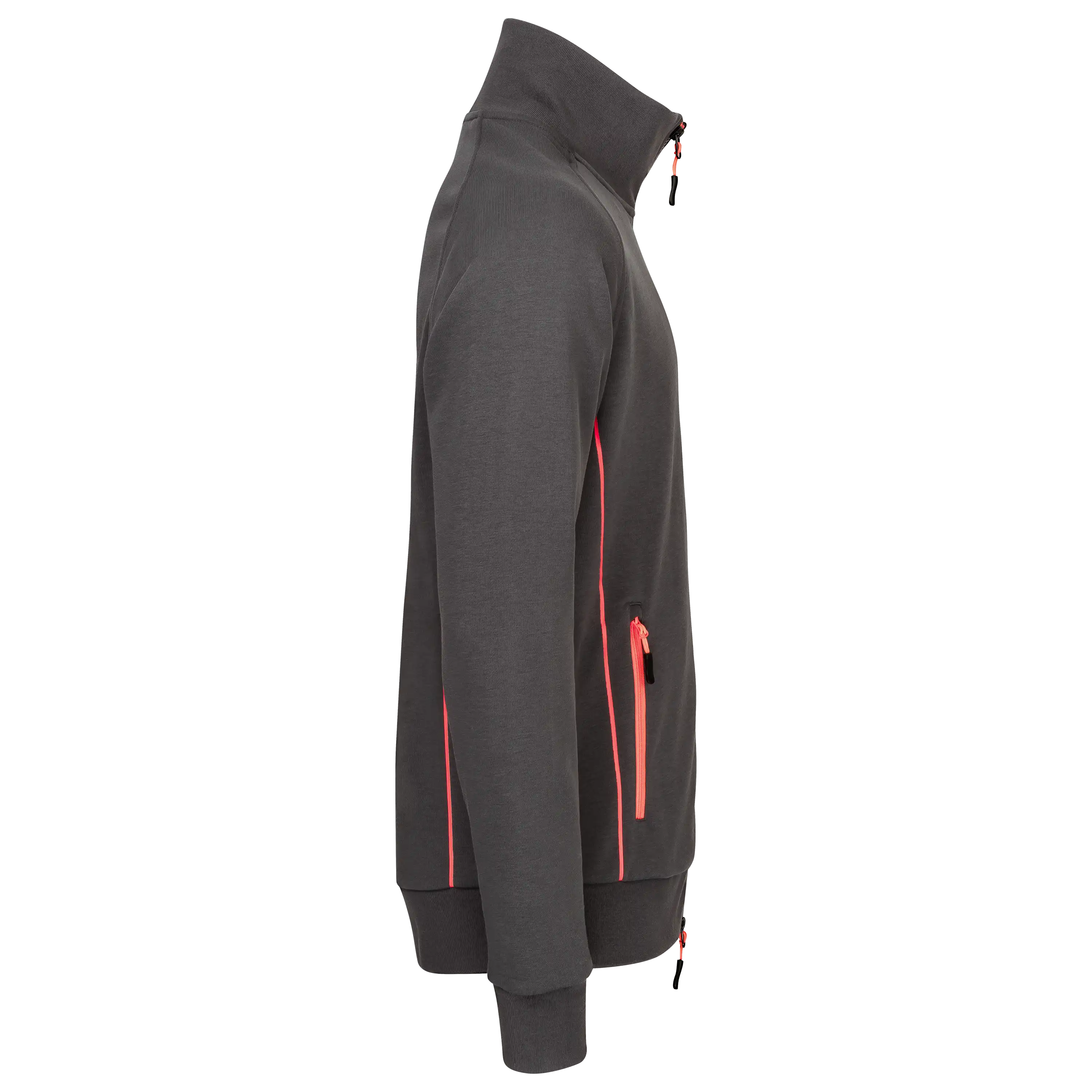 Professionelle Produktfotografie einer grauen Sweatjacke mit neonorangen Akzenten als Freisteller für hochwertige Textilfotografie und Produktbilder. PRO-ducto GmbH