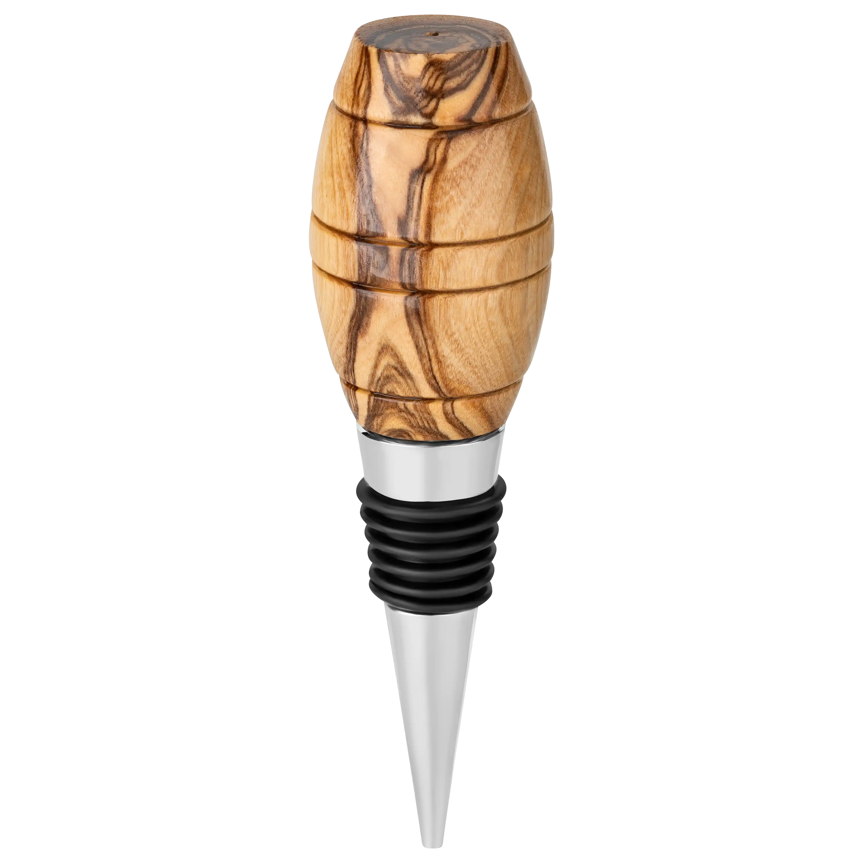Professionelle Produktfotos von PRO-ducto GmbH: Ein Flaschenverschluss aus Olivenholz mit schwarzem Dichtungsring.