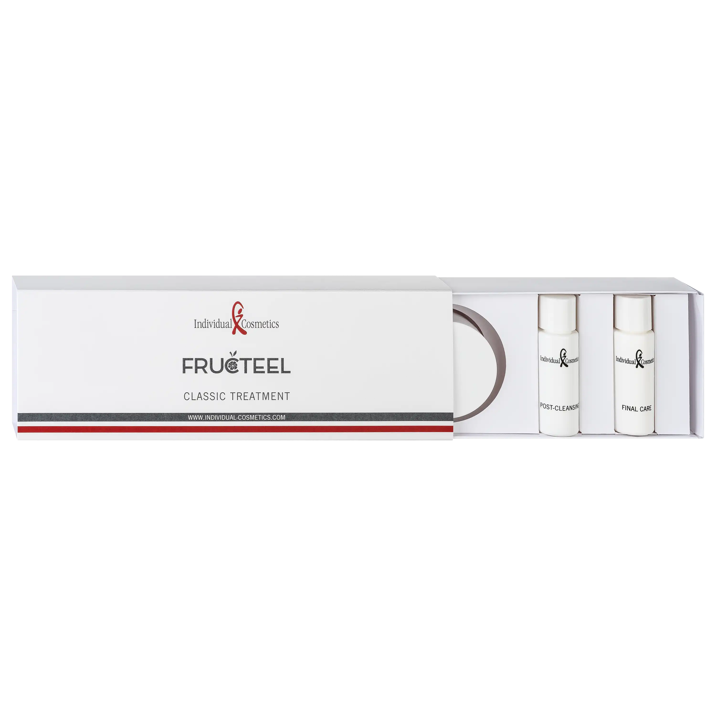 Professionelle Produktfotos von Individual Cosmetics Fructeel Classic Treatment in einer weißen Kosmetikbox.