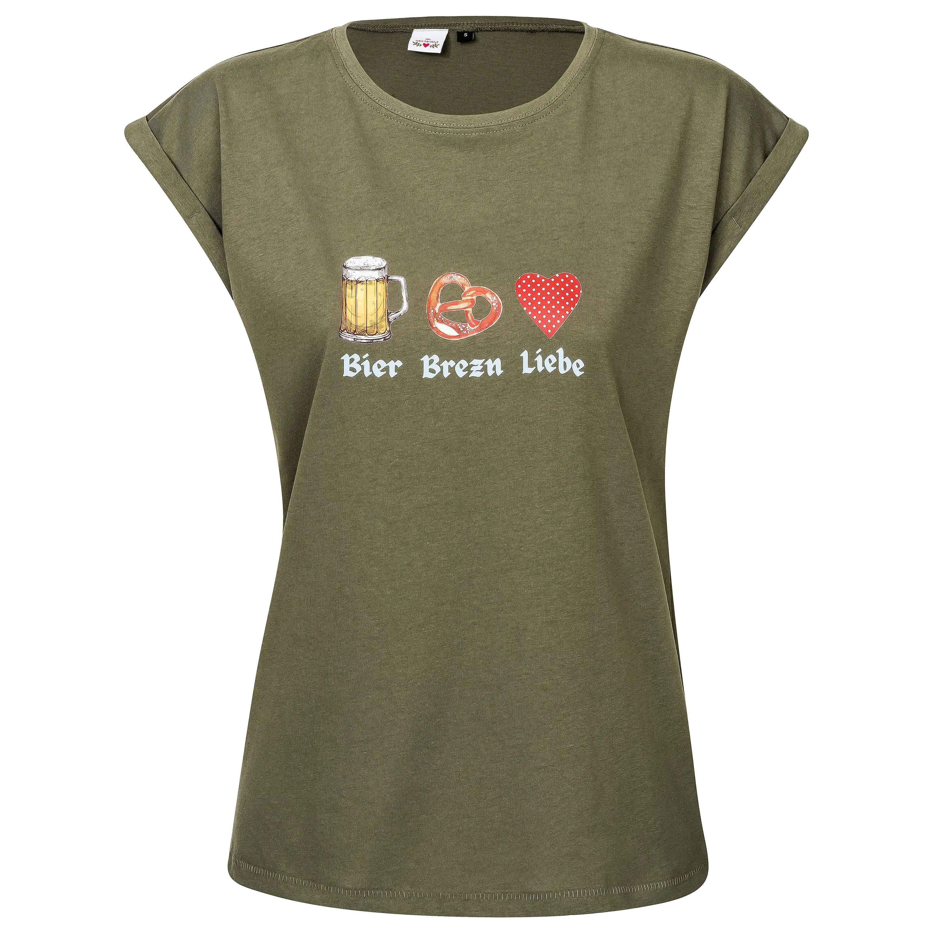 Olivgrünes Damen-T-Shirt mit Bier, Brezn und Herz-Aufdruck für professionelle Produktfotografie von PRO-ducto.