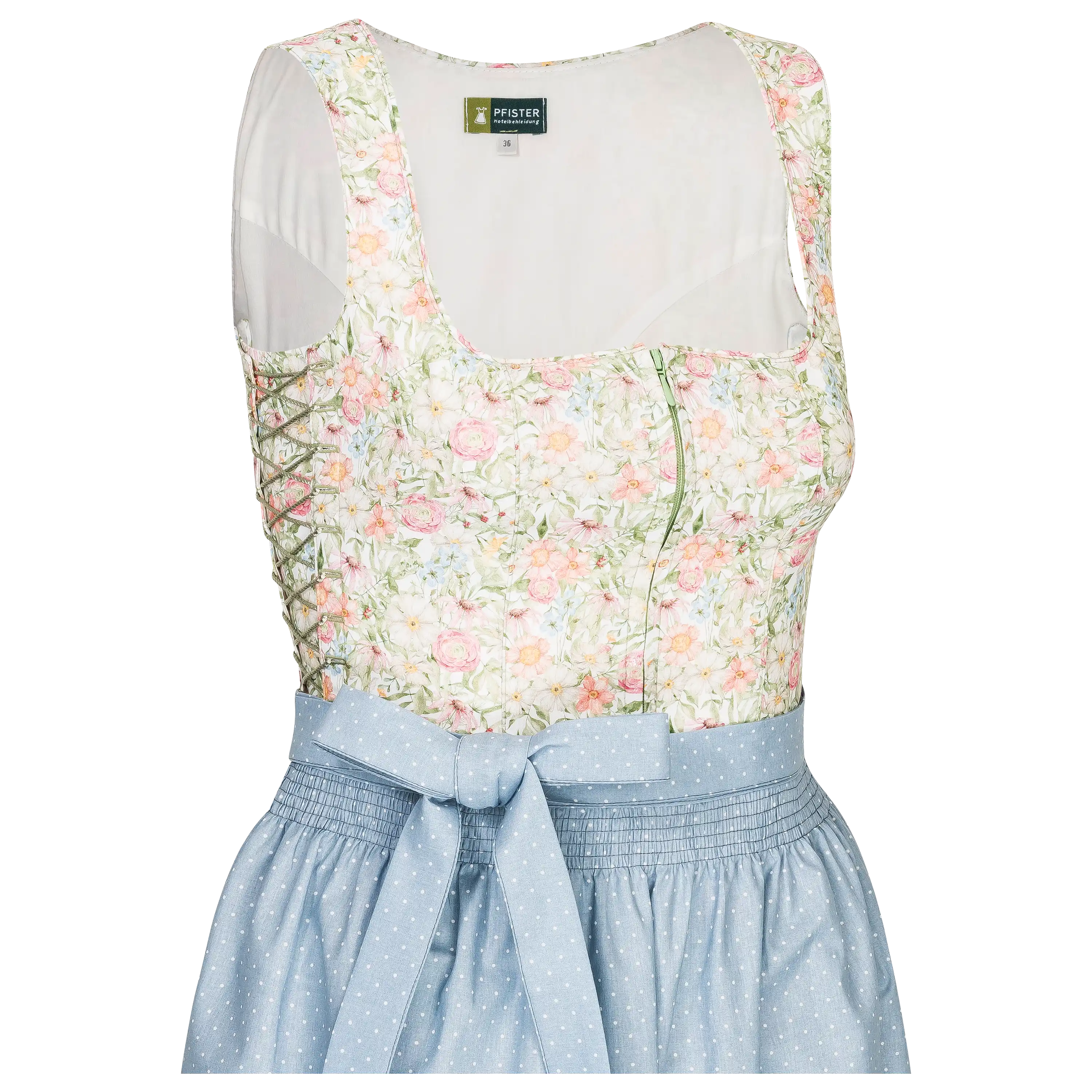Professionelle Produktfotografie eines Pfister Dirndls mit Blumenmuster und gepunkteter Schürze für Textilfotografie.