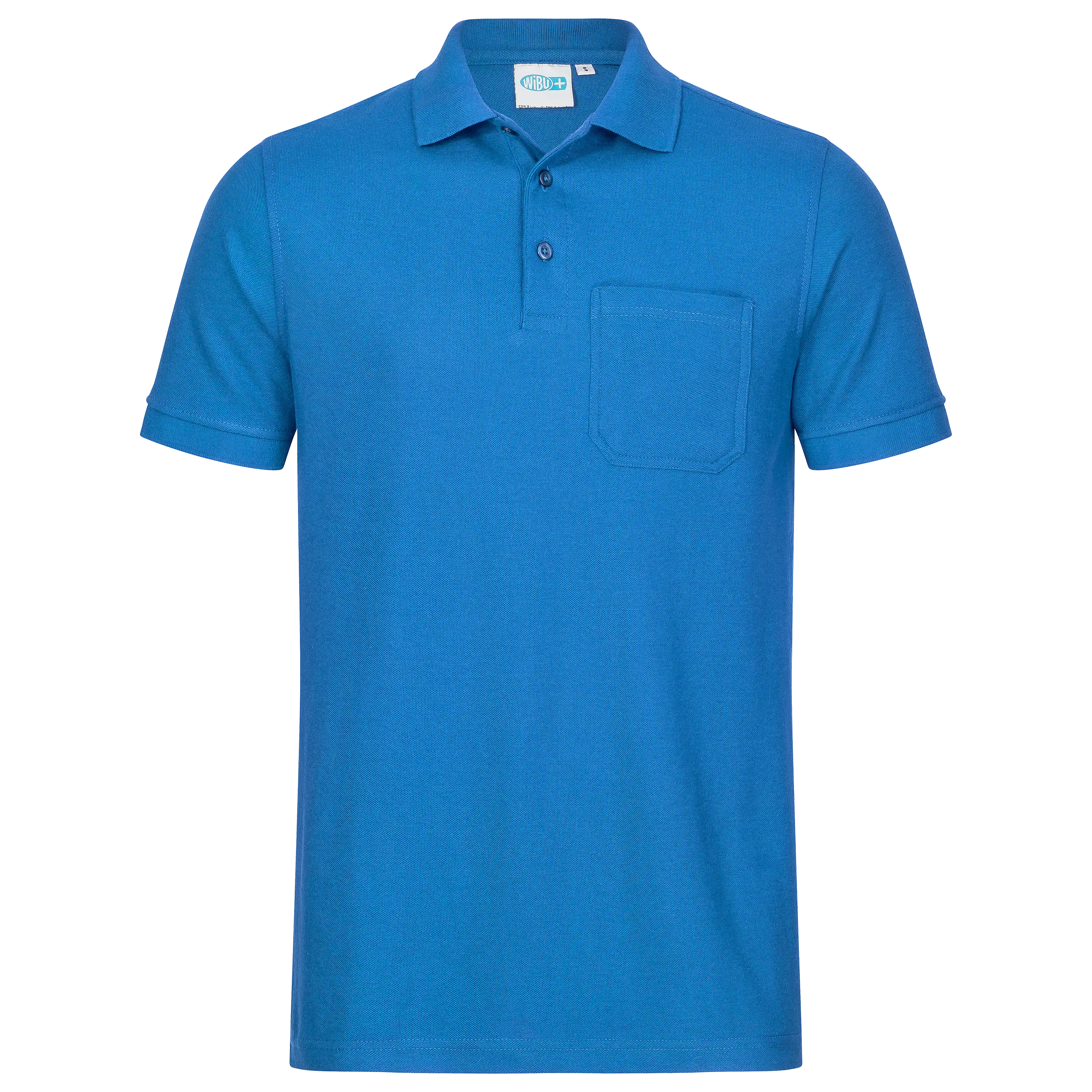 Professionelle Produktfotografie eines blauen Poloshirts mit Brusttasche für die Textilfotografie von PRO-ducto GmbH.