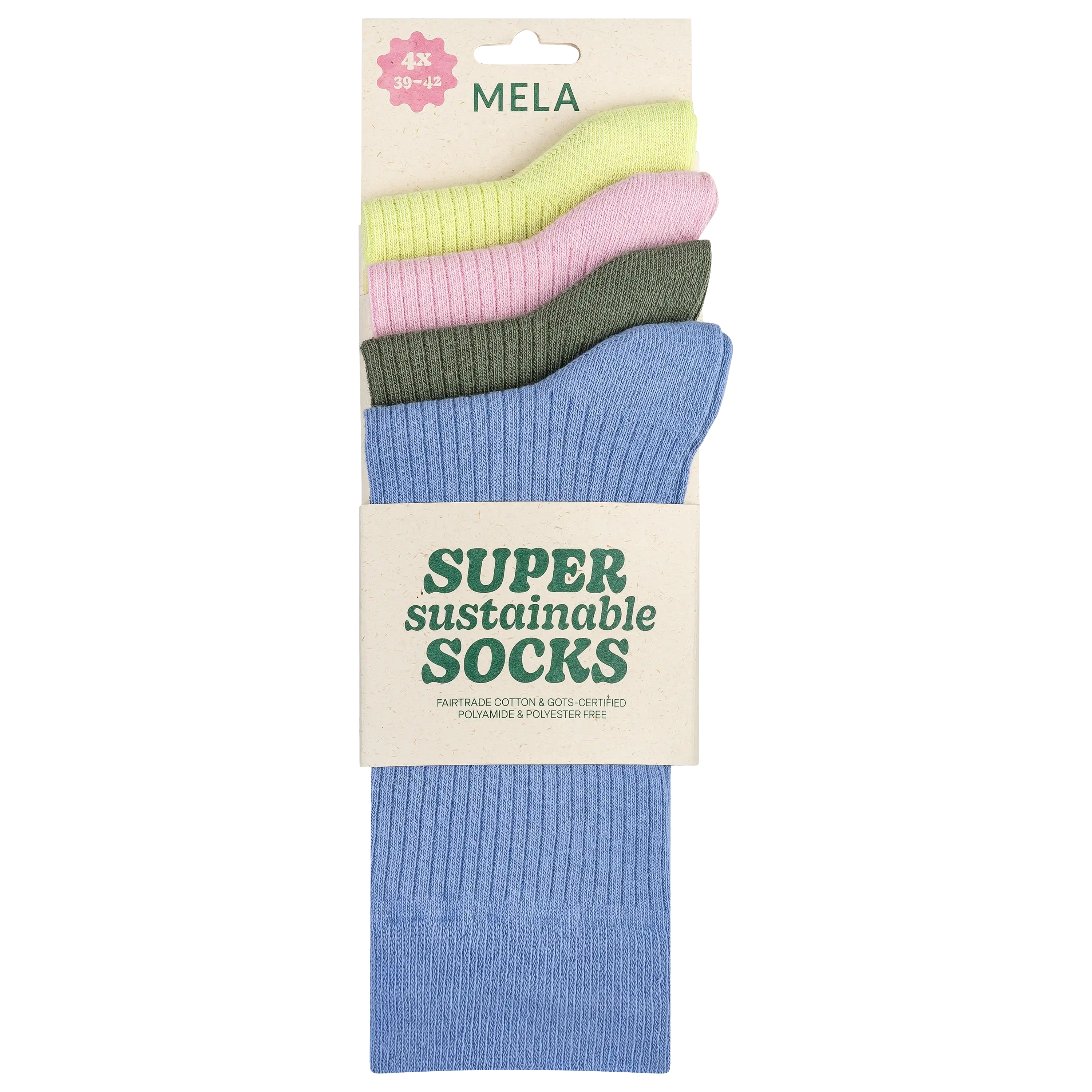 Professionelle Produktfotografie von MELA Socken: Vier farbige Sockenpaare in einer nachhaltigen Verpackung für hochwertige Textilfotografie.