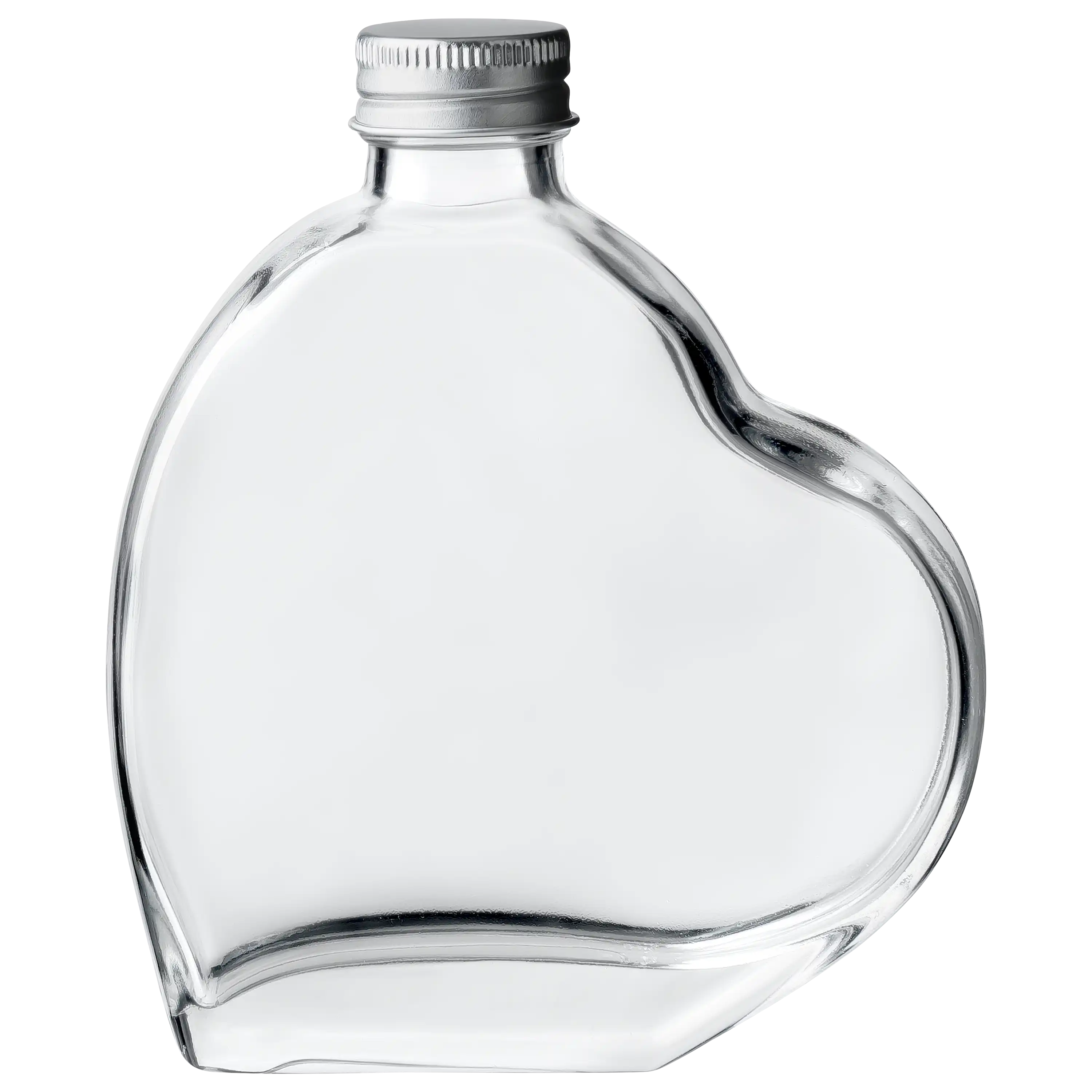 Leere, herzförmige Glasflasche mit silbernem Schraubverschluss für professionelle Produktfotos von PRO-ducto GmbH.