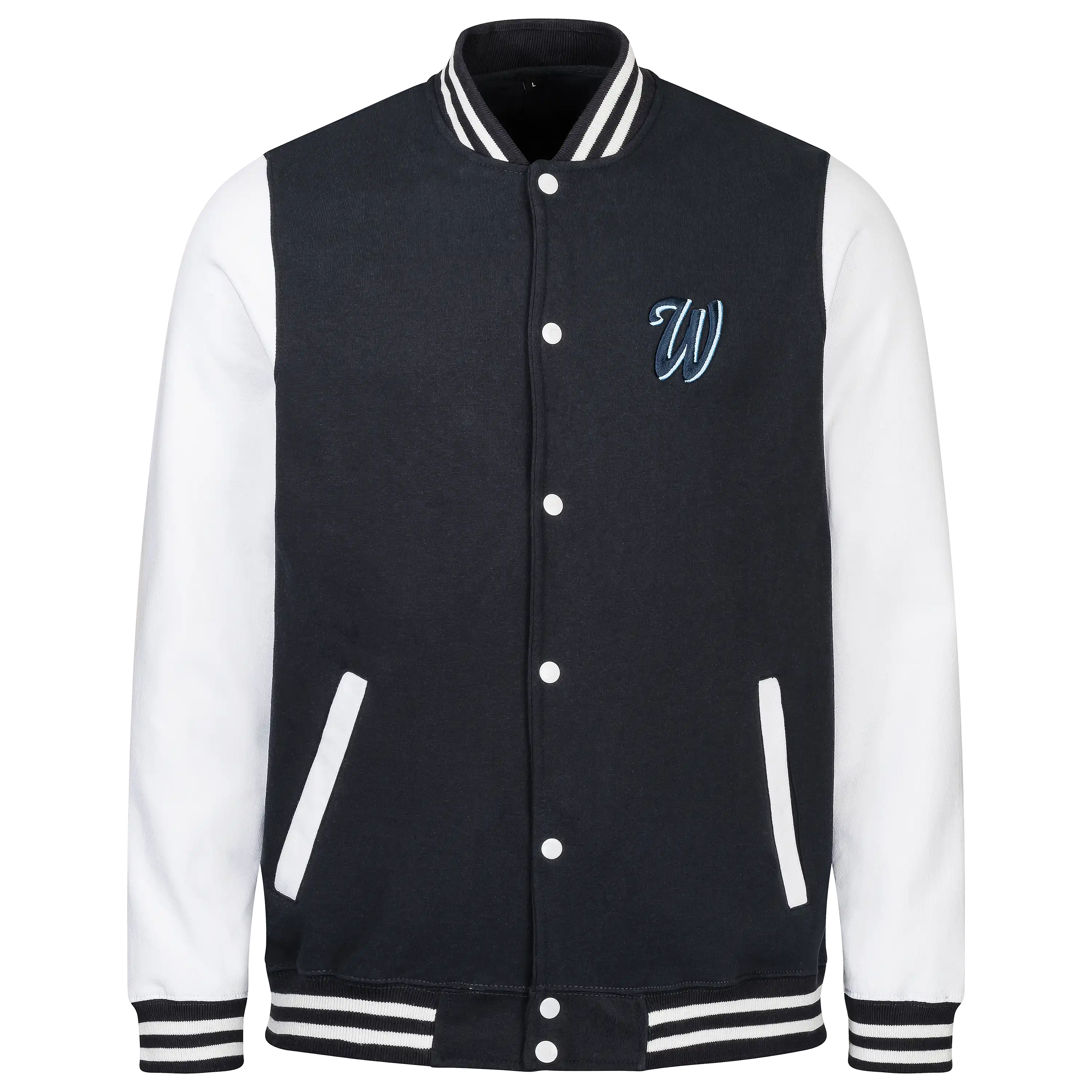 Professionelle Produktfotografie einer schwarz-weißen Collegejacke von PRO-ducto GmbH. Ideal für Textilfotografie und hochwertige Produktbilder.