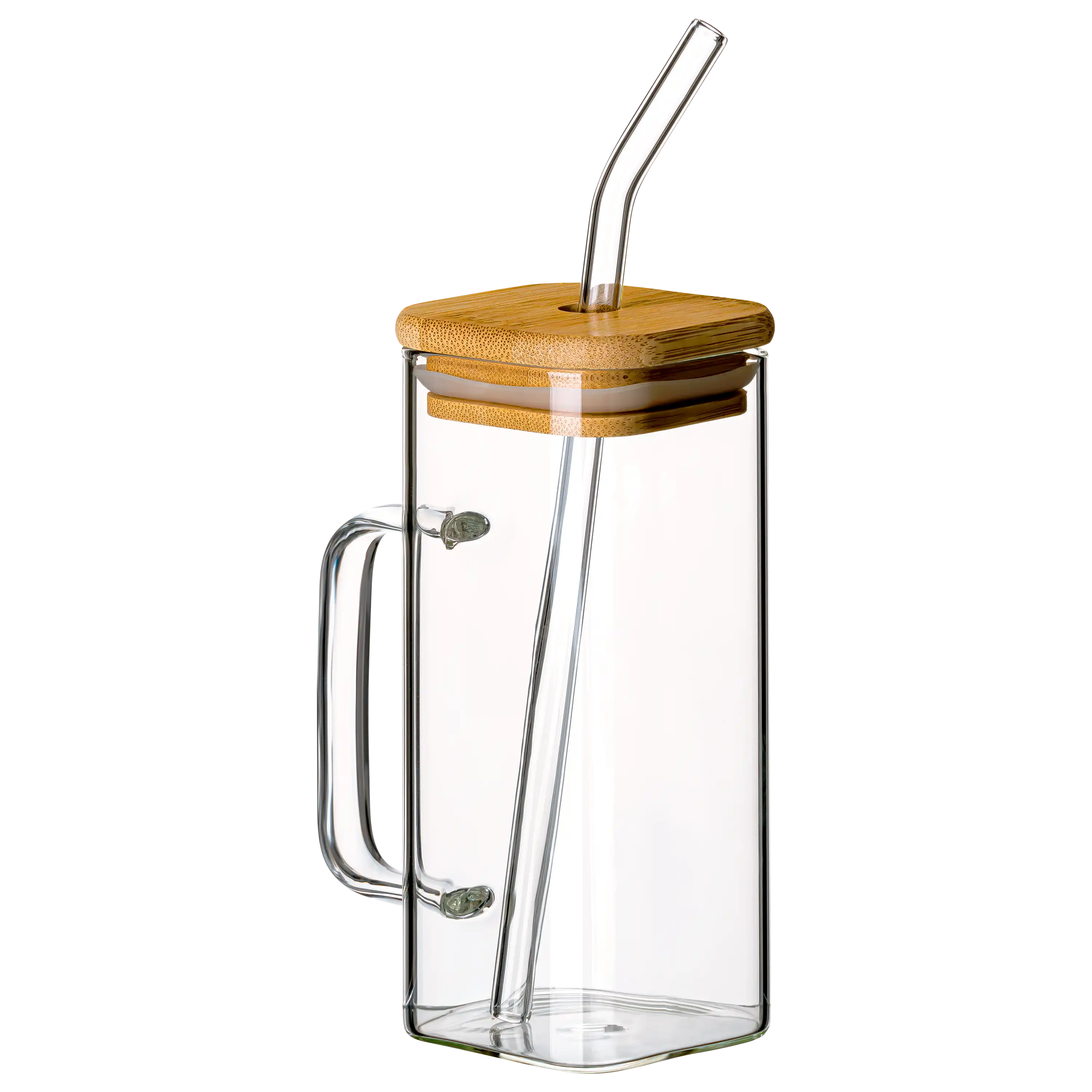Ein eckiges Glas mit Henkel, Bambusdeckel und Glasstrohhalm für professionelle Produktfotos von PRO-ducto GmbH.