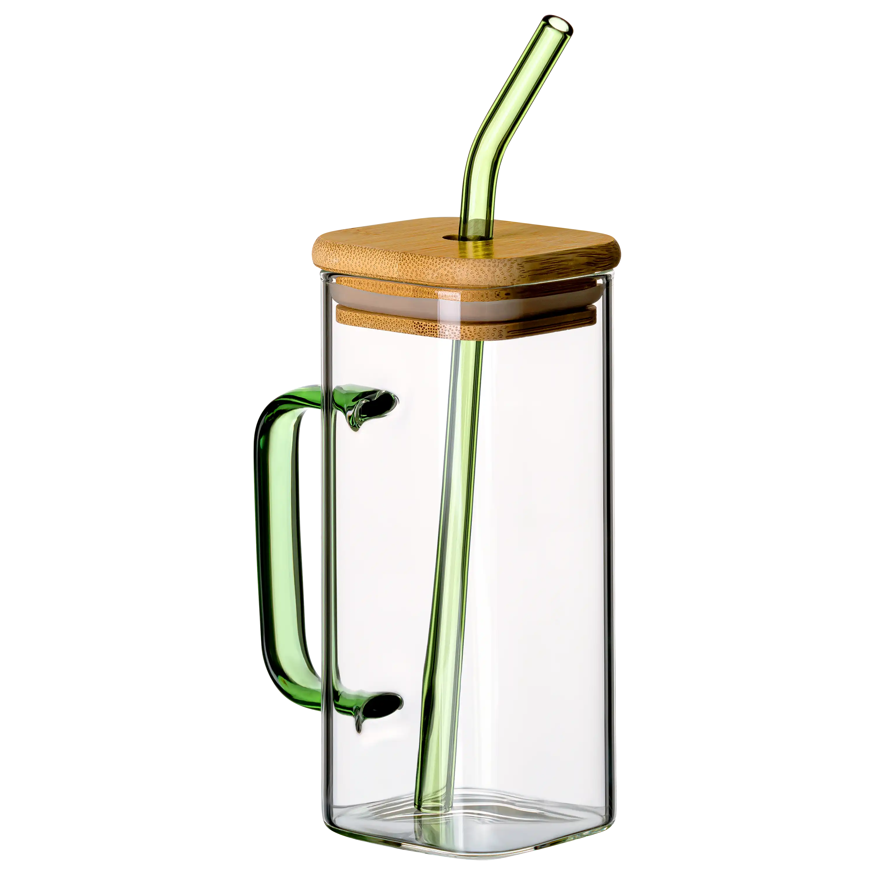 Ein quadratisches Glas mit grünem Henkel, Bambusdeckel und grünem Glasstrohhalm für professionelle Produktfotos.