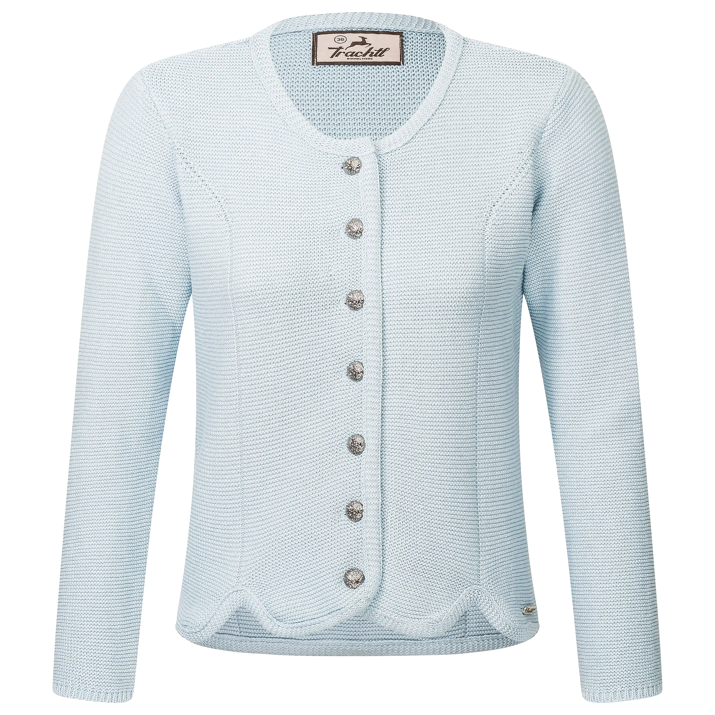 Hellblaue Trachtenstrickjacke von Trachtl für professionelle Produktfotografie. Bekleidung fotografieren lassen bei PRO-ducto GmbH für hochwertige Textilfotografie.