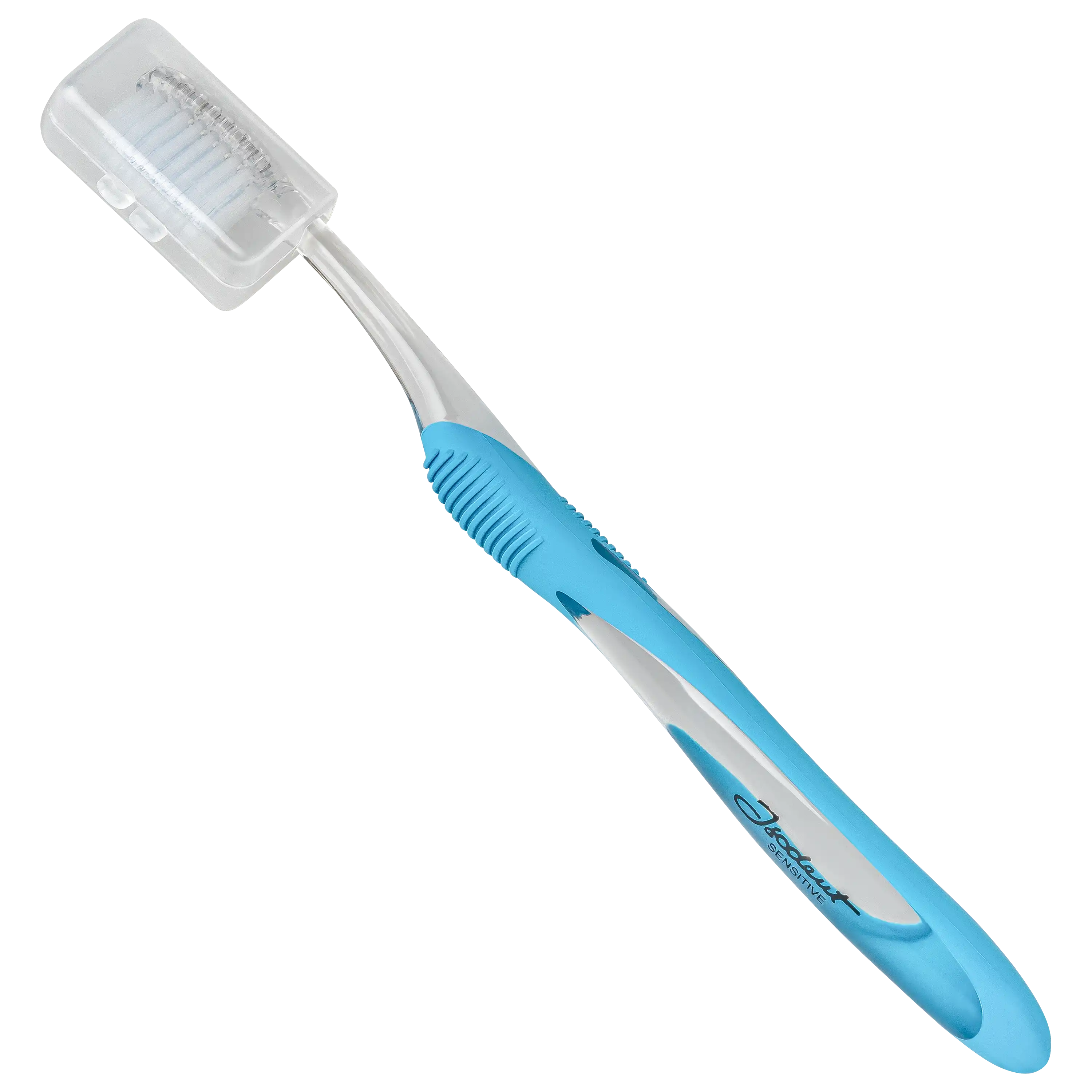 Eine blaue Sensitive Zahnbürste mit Schutzkappe für professionelle Produktfotos von der PRO-ducto GmbH.