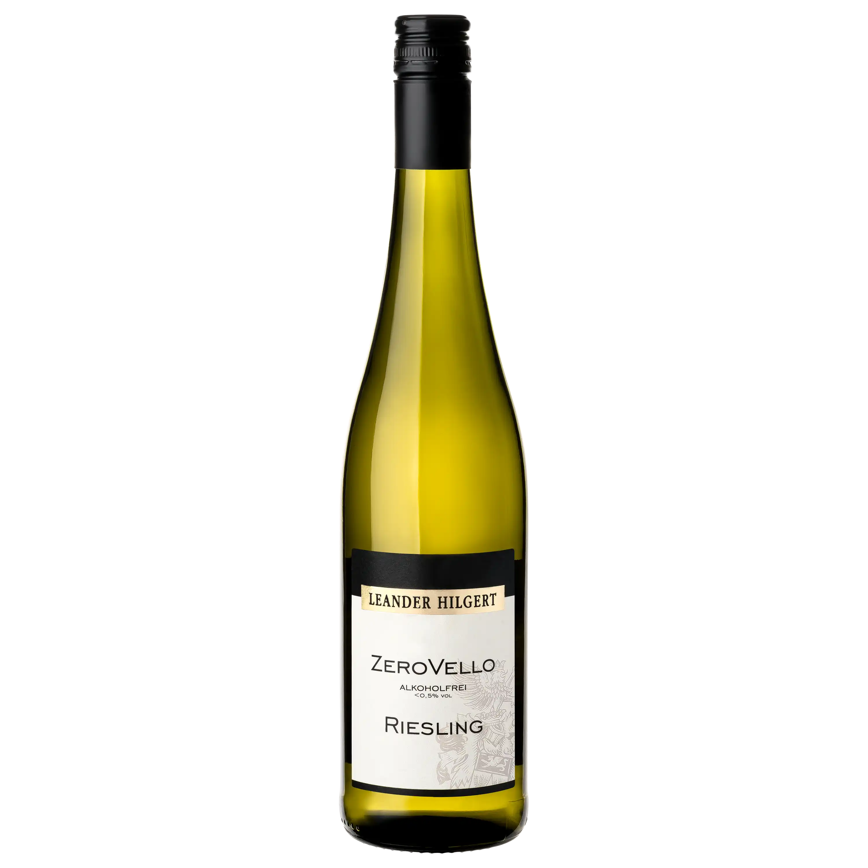 Eine Flasche Leander Hilgert ZeroVello Riesling alkoholfrei vor schwarzem Hintergrund für professionelle Produktfotos.