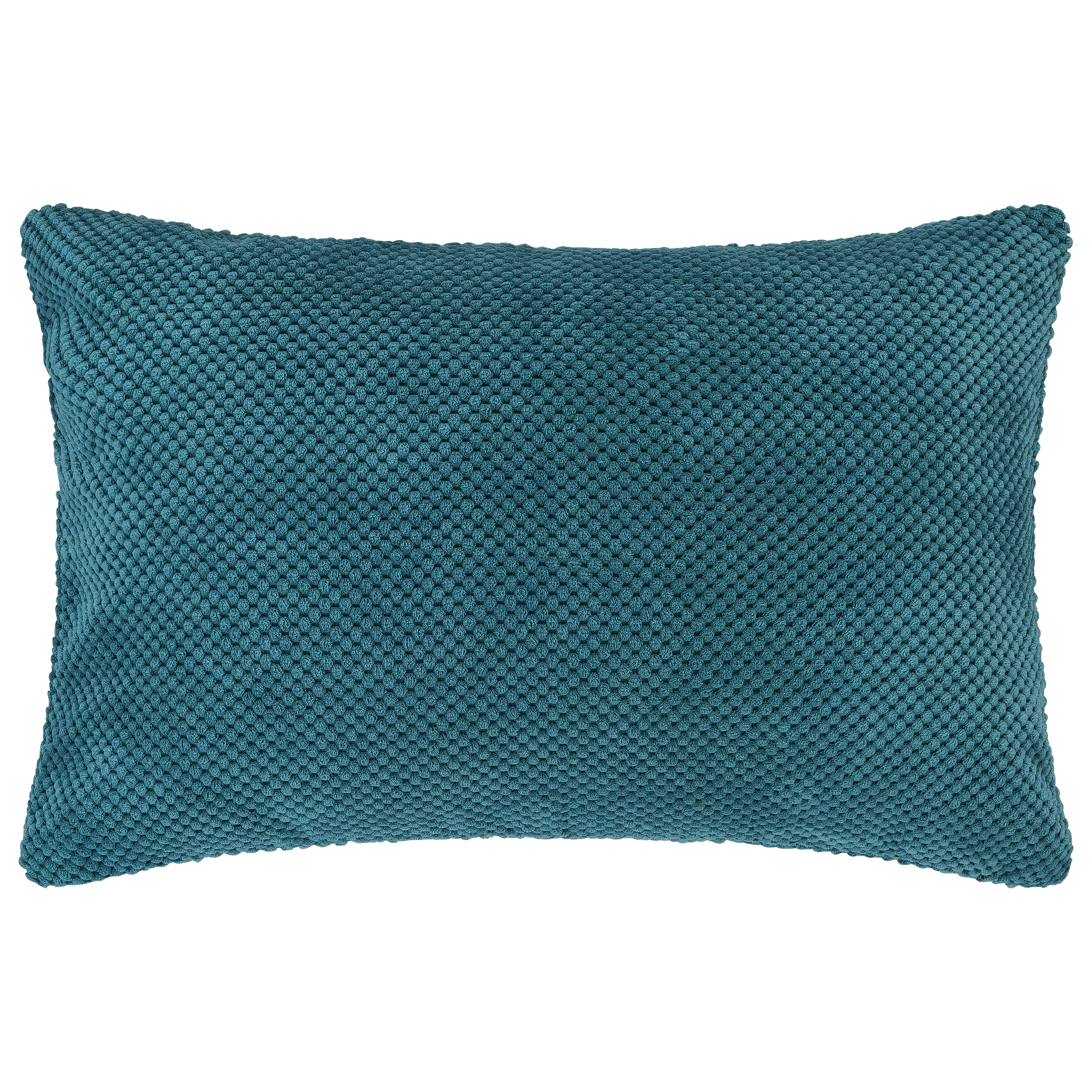 Ein rechteckiges, petrolfarbenes Kissen mit grober Strickstruktur, ideal für professionelle Produktfotos von PRO-ducto.