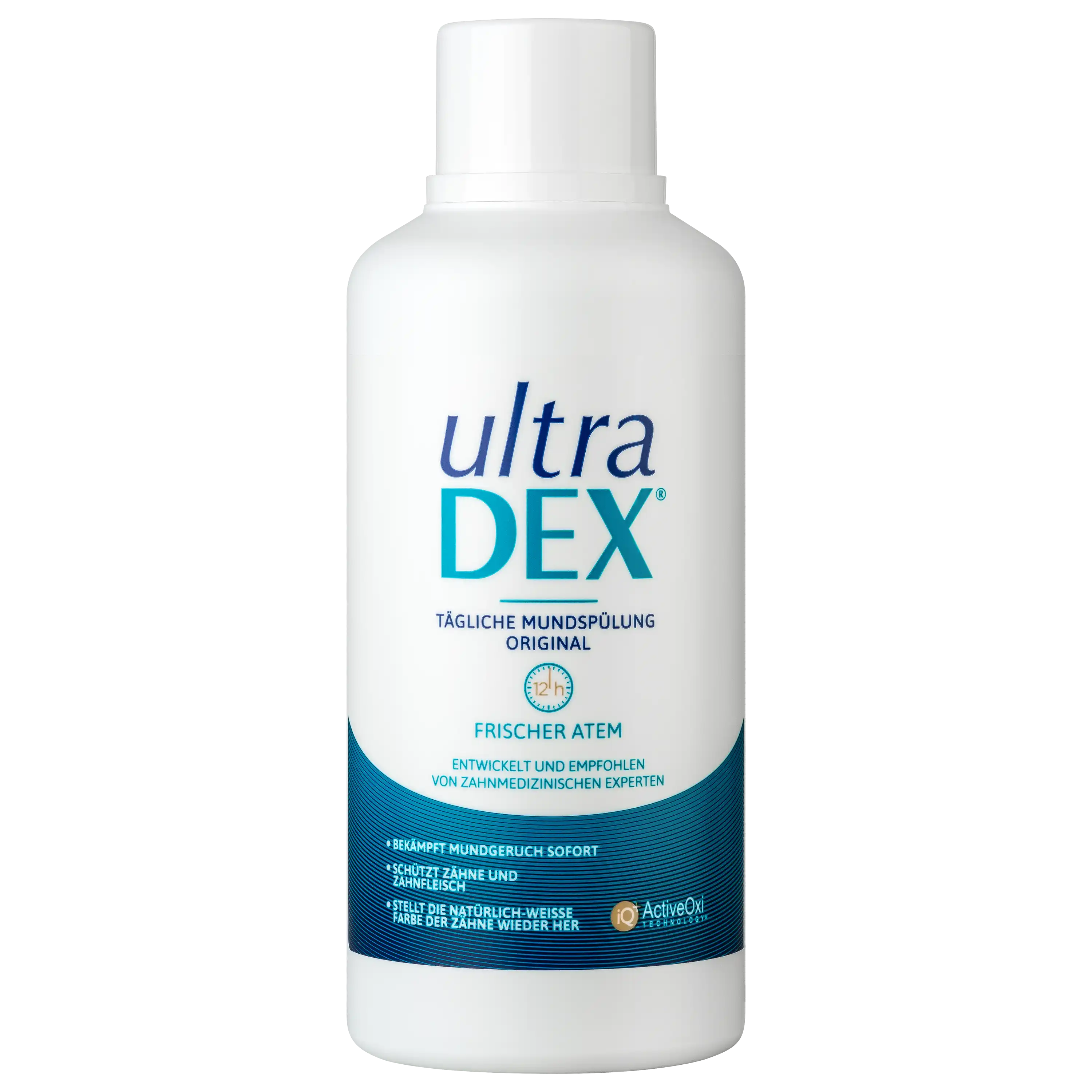 Weiße Flasche der ultraDEX Mundspülung Original vor schwarzem Hintergrund für professionelle Produktfotos.