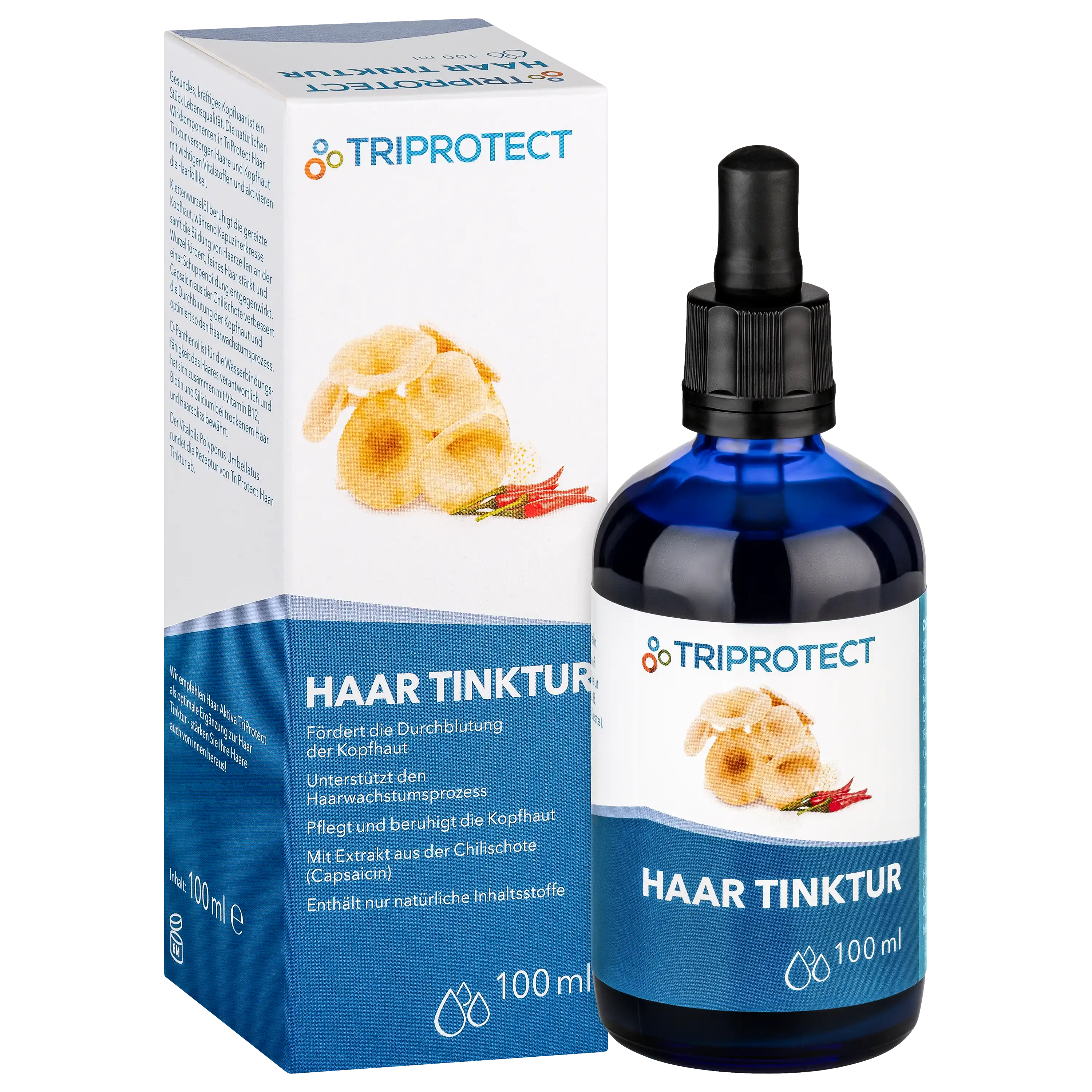 Blaue Glasflasche mit Pipette und Umverpackung der Haartinktur von TriProtect für professionelle Produktfotos.