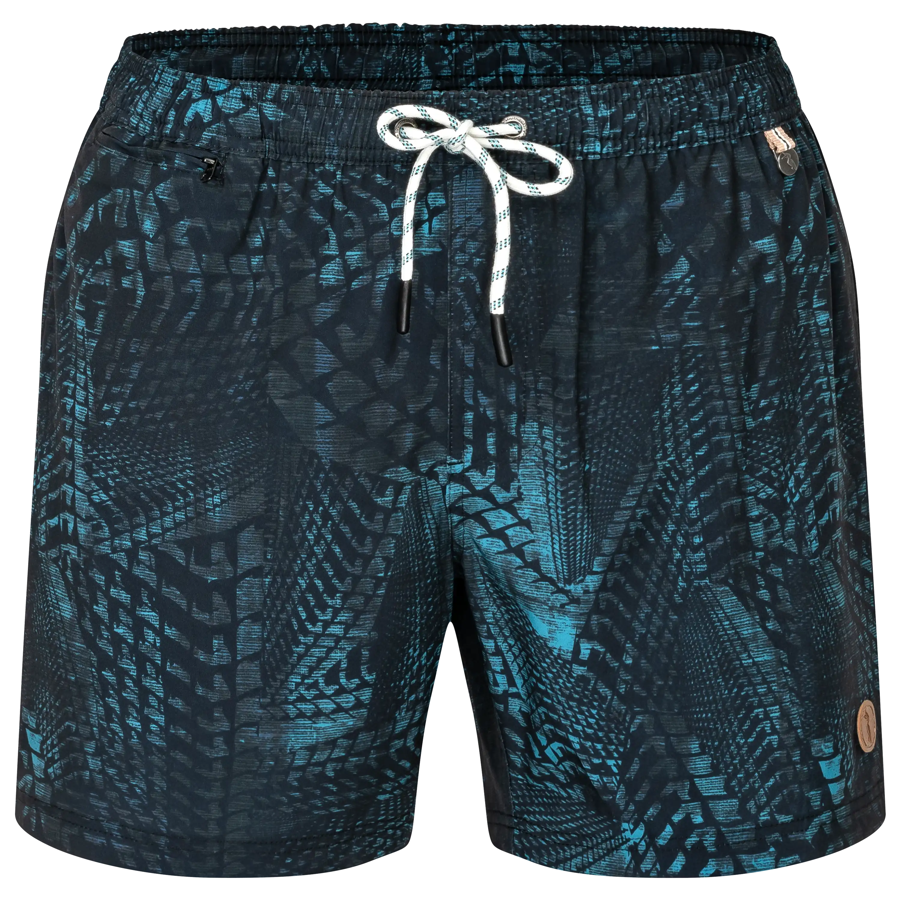 Professionelle Produktfotografie einer dunkelblauen Badeshorts mit türkisem Muster. Lassen Sie bei PRO-ducto GmbH hochwertige Textilfotografie erstellen.