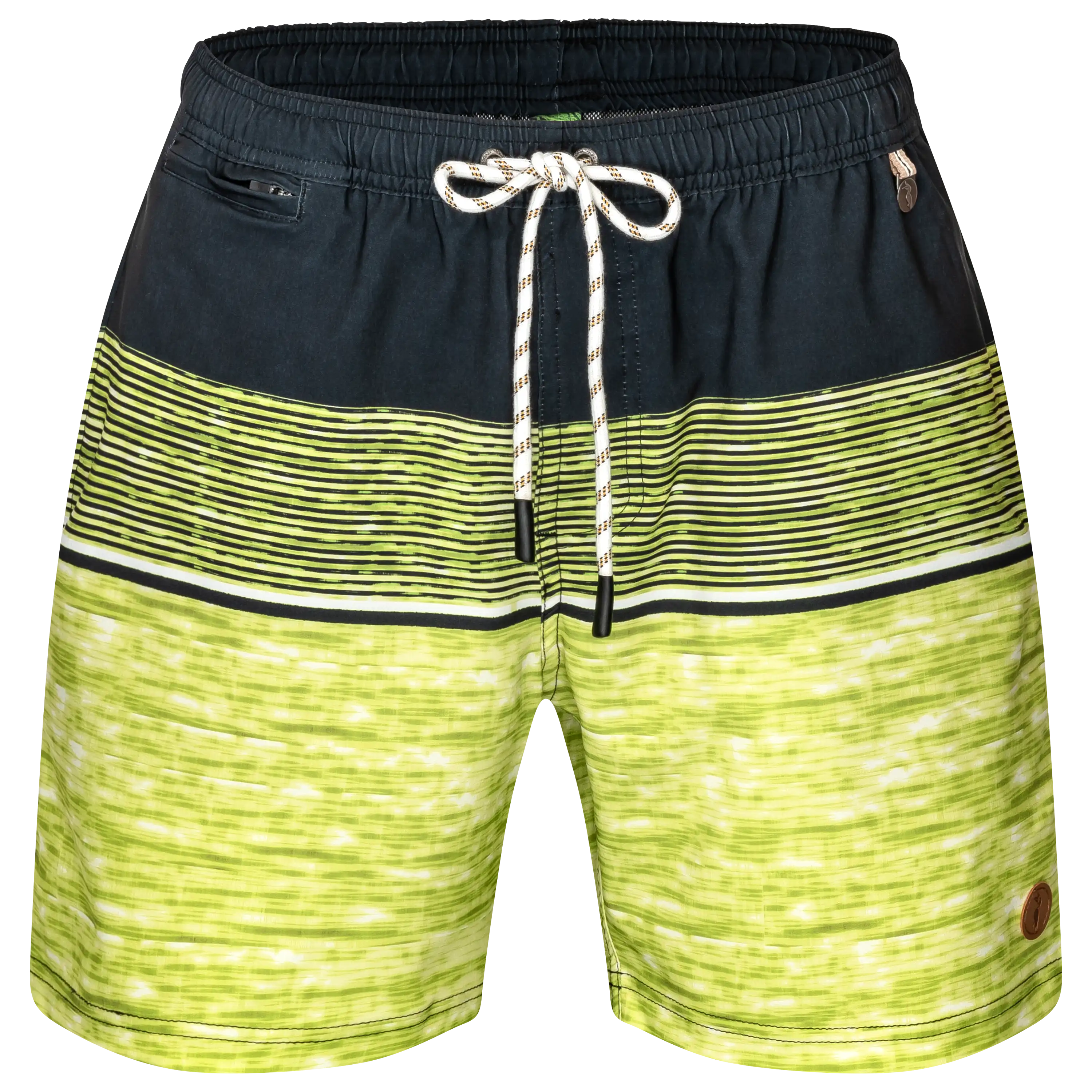Professionelle Produktfotografie einer Badeshorts mit grünem Farbverlauf und Streifenmuster, ideal für Textilfotografie durch PRO-ducto GmbH erstellt.