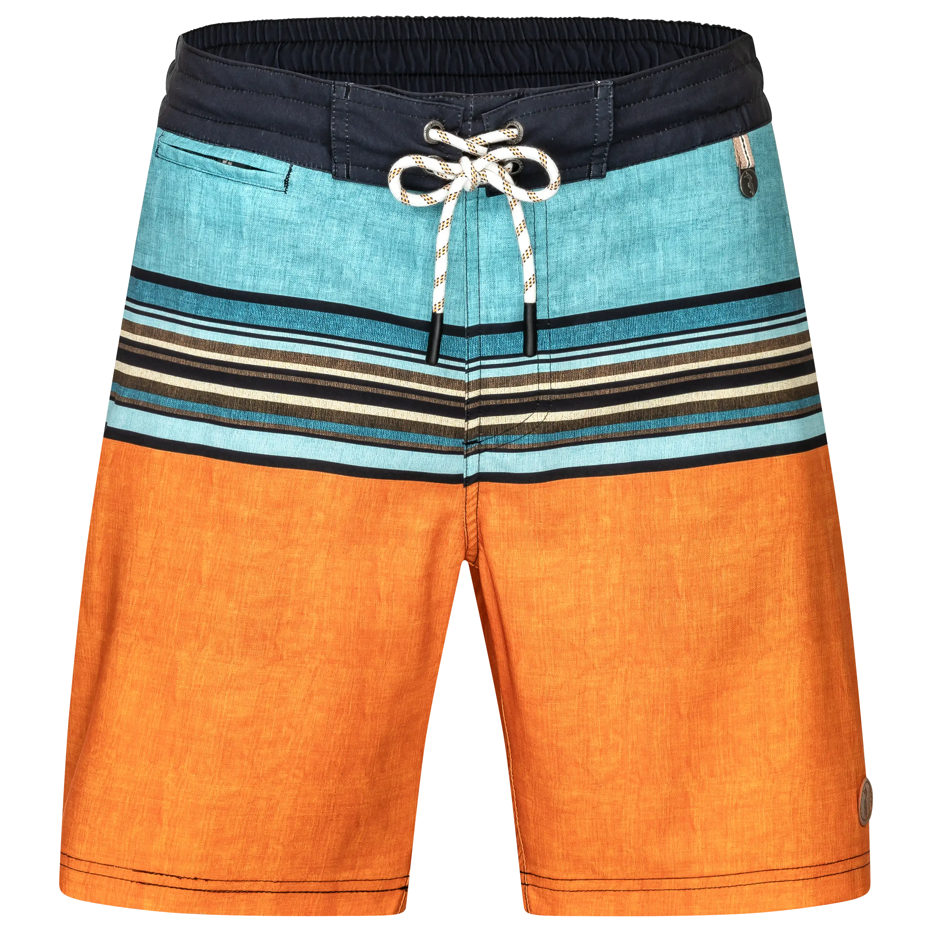 Professionelle Produktfotografie einer orange-türkisen Badeshorts mit Streifenmuster durch PRO-ducto GmbH für hochwertige Textilfotografie.
