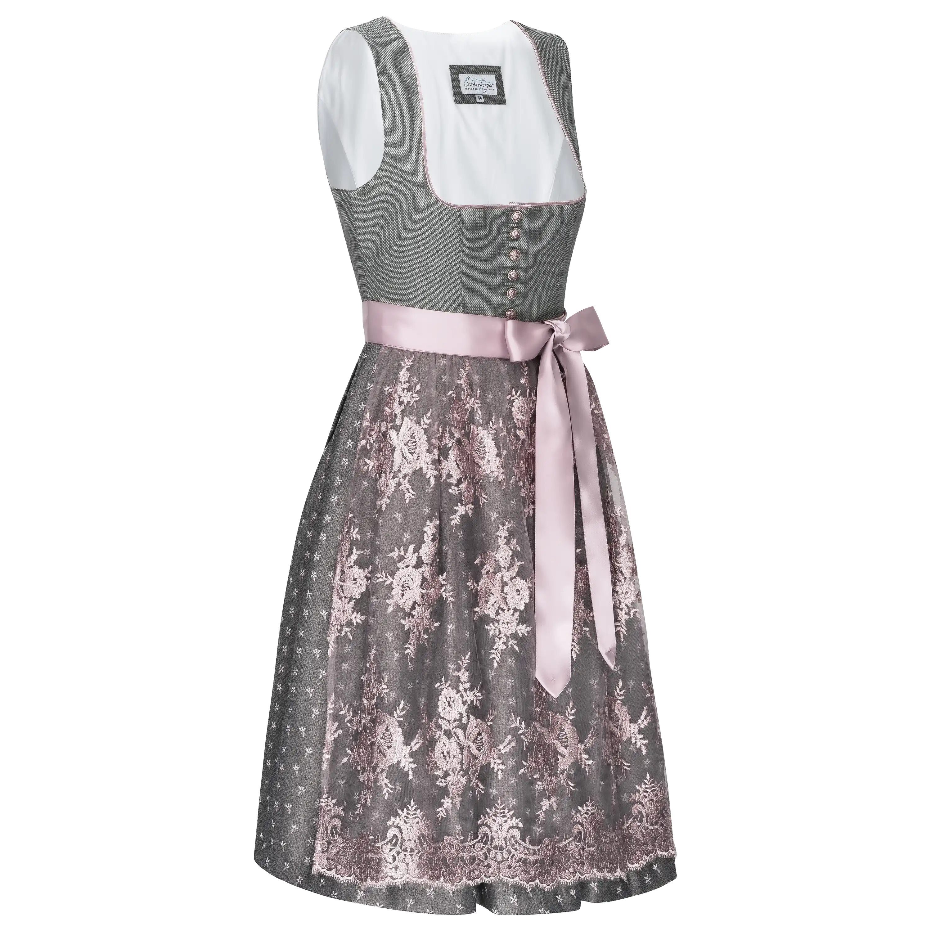 Professionelle Produktfotografie eines grauen Dirndls mit rosa Spitzenrock für hochwertige Textilfotografie.