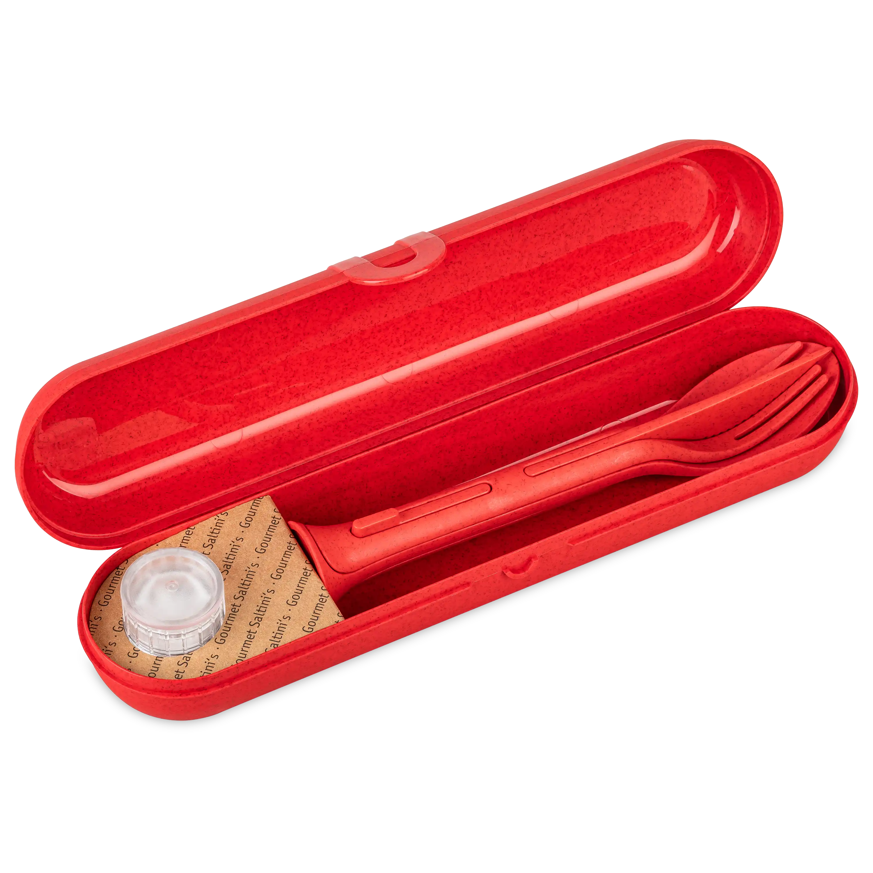 Rotes Besteckset in einer passenden Box für unterwegs, professionelle Produktfotografie durch PRO-ducto GmbH.