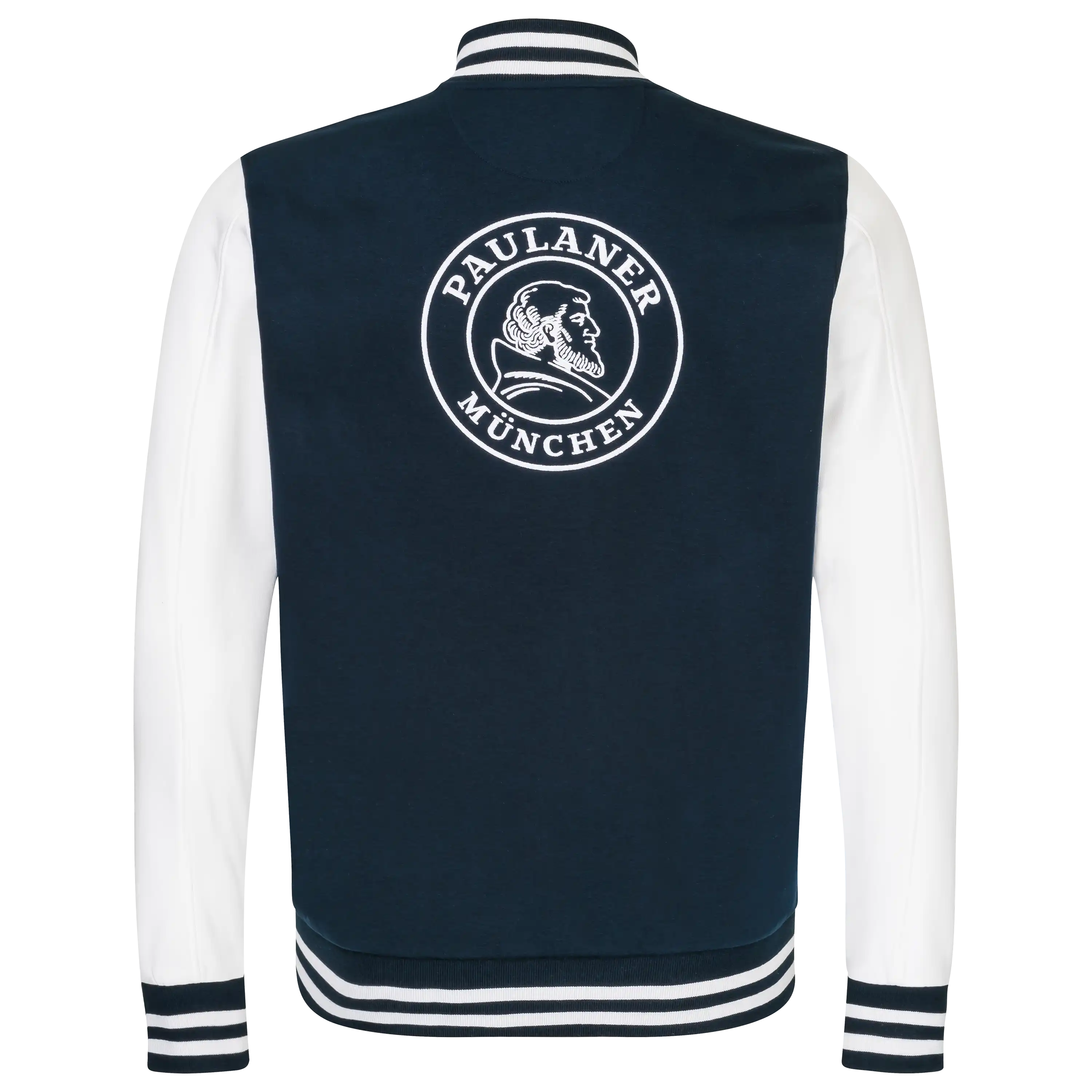 Rückansicht einer dunkelblauen Collegejacke mit weißen Ärmeln und Paulaner-Logo für professionelle Produktfotografie von PRO-ducto GmbH.