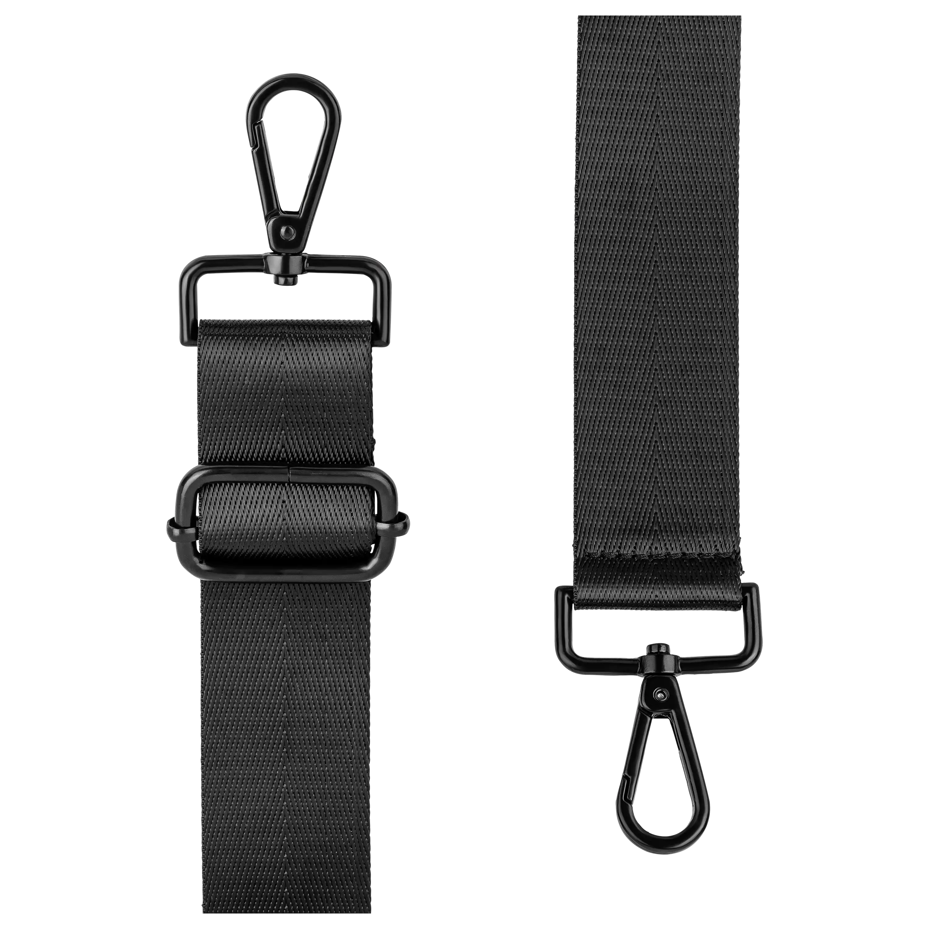 Schwarzer Trageriemen mit Karabinerhaken für Taschen, professionelle Produktfotografie durch PRO-ducto GmbH.