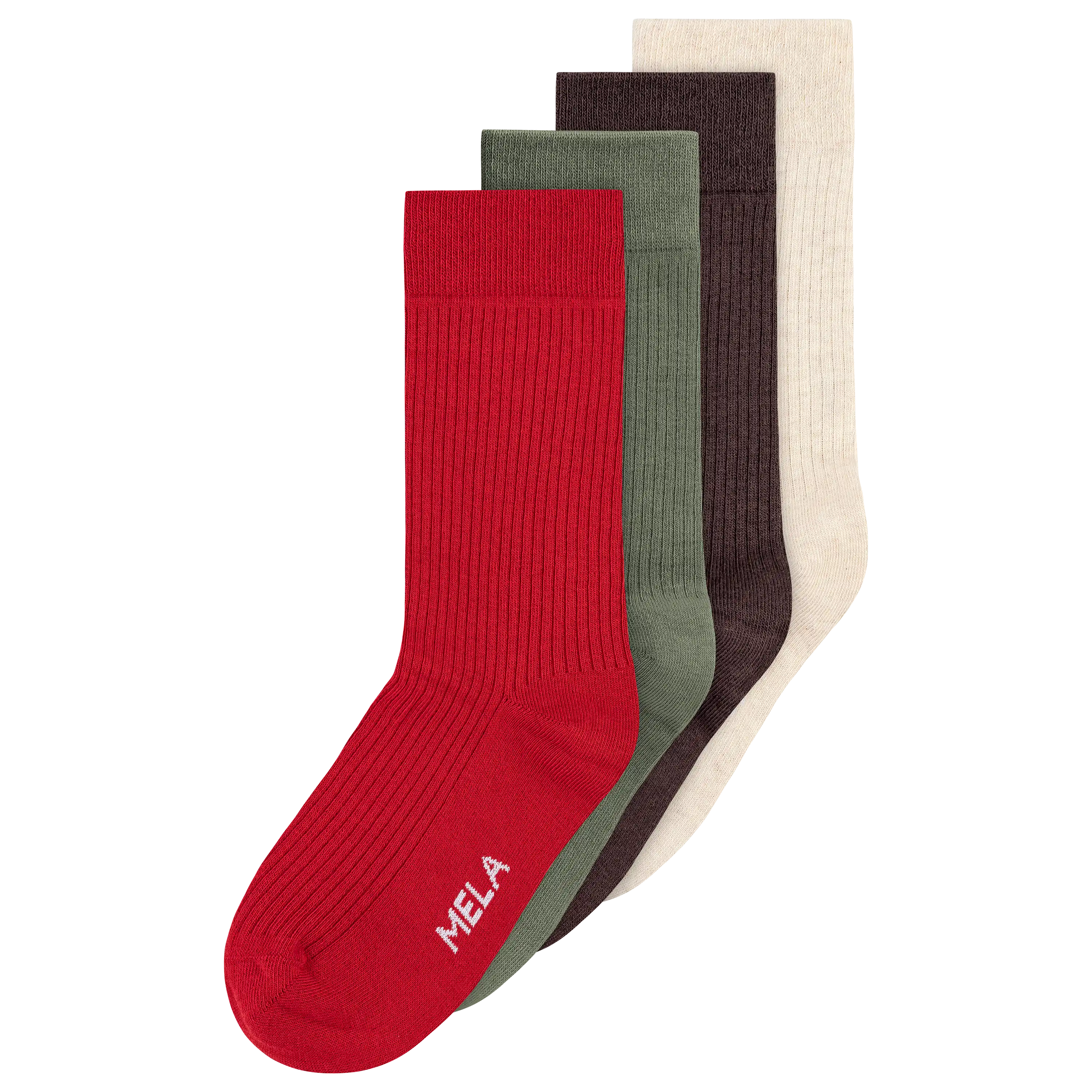 Professionelle Produktfotografie von vier gerippten MELA Socken in Rot, Oliv, Braun und Beige für hochwertige Textilfotografie und Produktbilder.