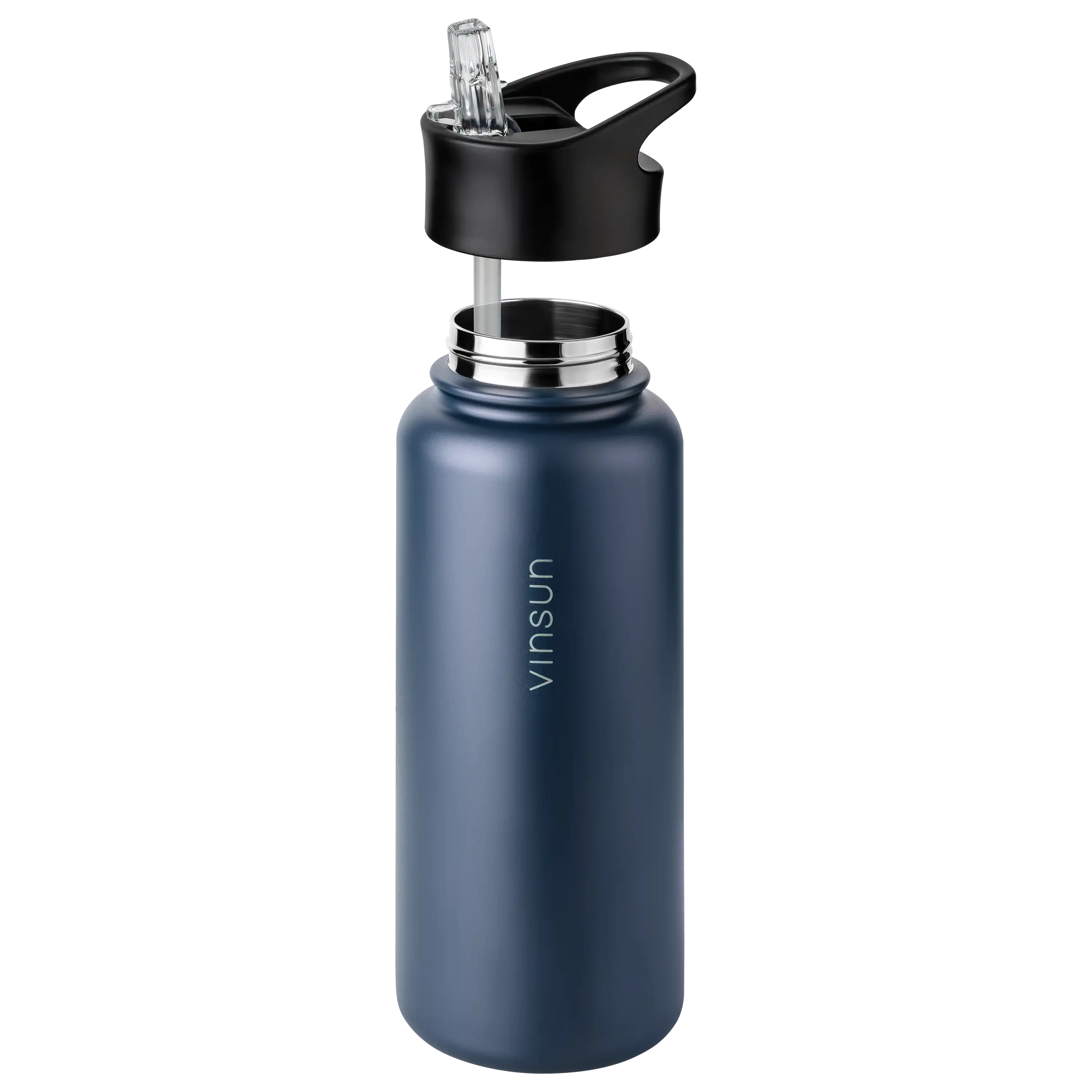 Blaue Vinsun Trinkflasche mit abgenommenem schwarzem Deckel und Trinkhalm für professionelle Produktfotos.