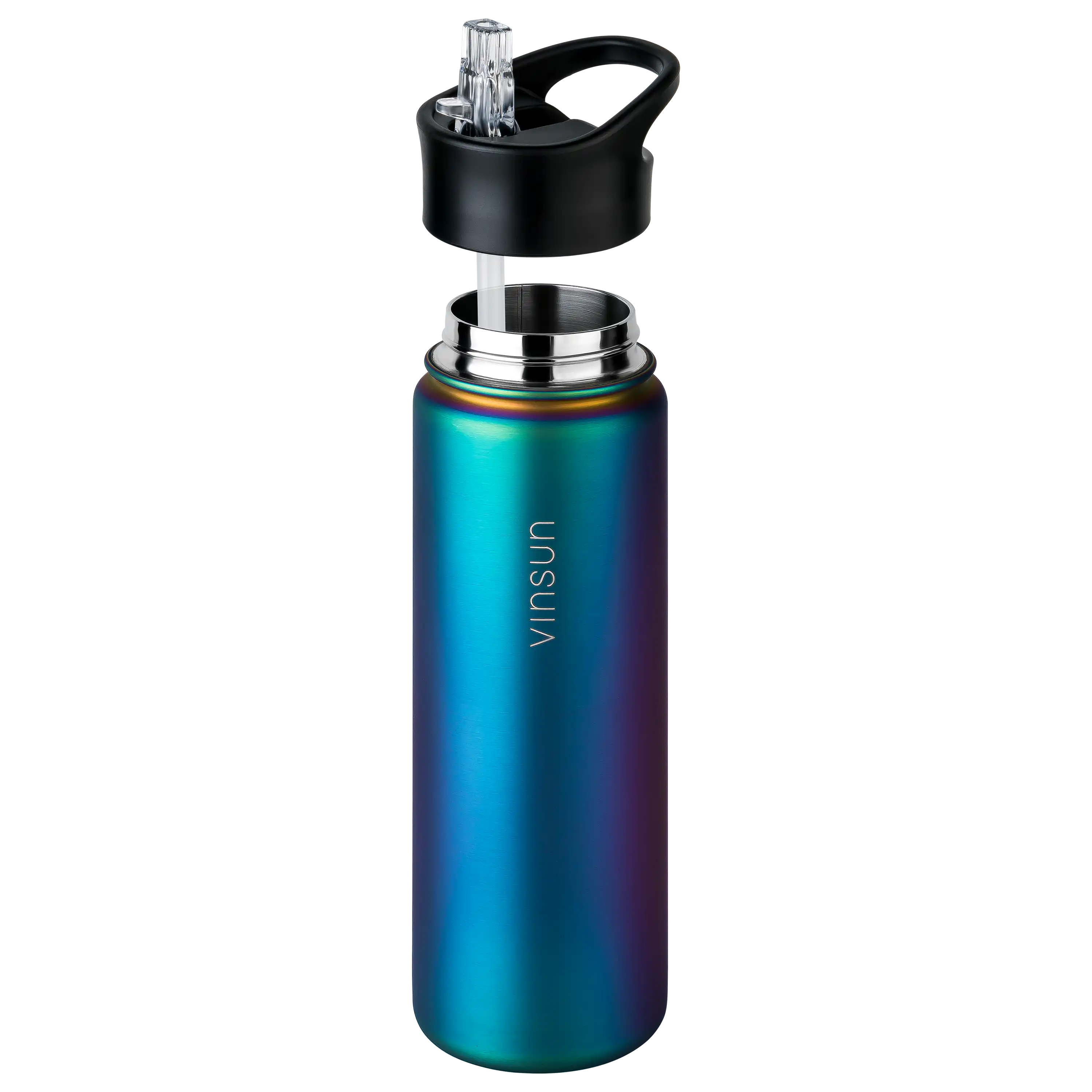 Professionelle Produktfotos einer schillernden Vinsun Trinkflasche mit abgenommenem Deckel und Trinkhalm.