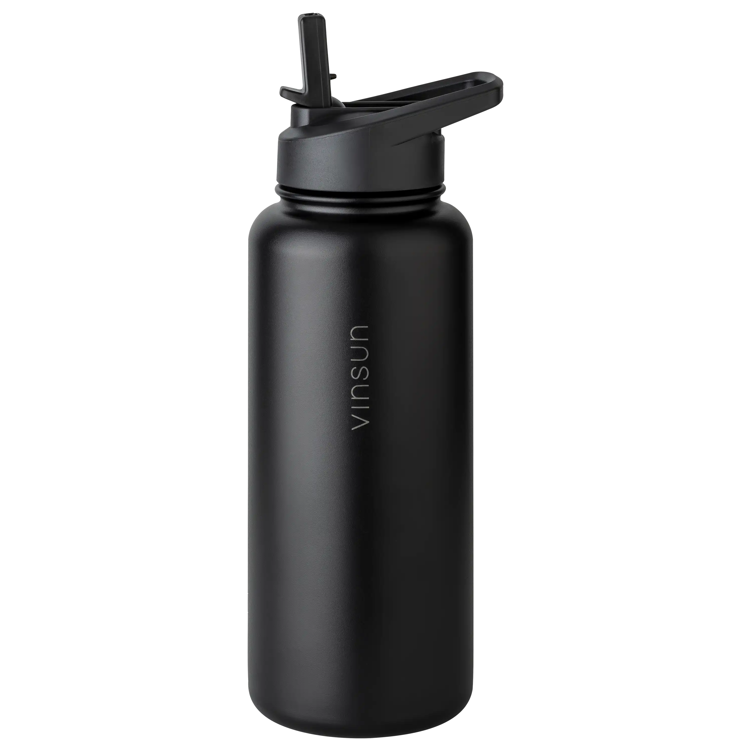 Schwarze Vinsun Trinkflasche mit Trinkhalm vor schwarzem Hintergrund, professionelle Produktfotos von PRO-ducto GmbH.