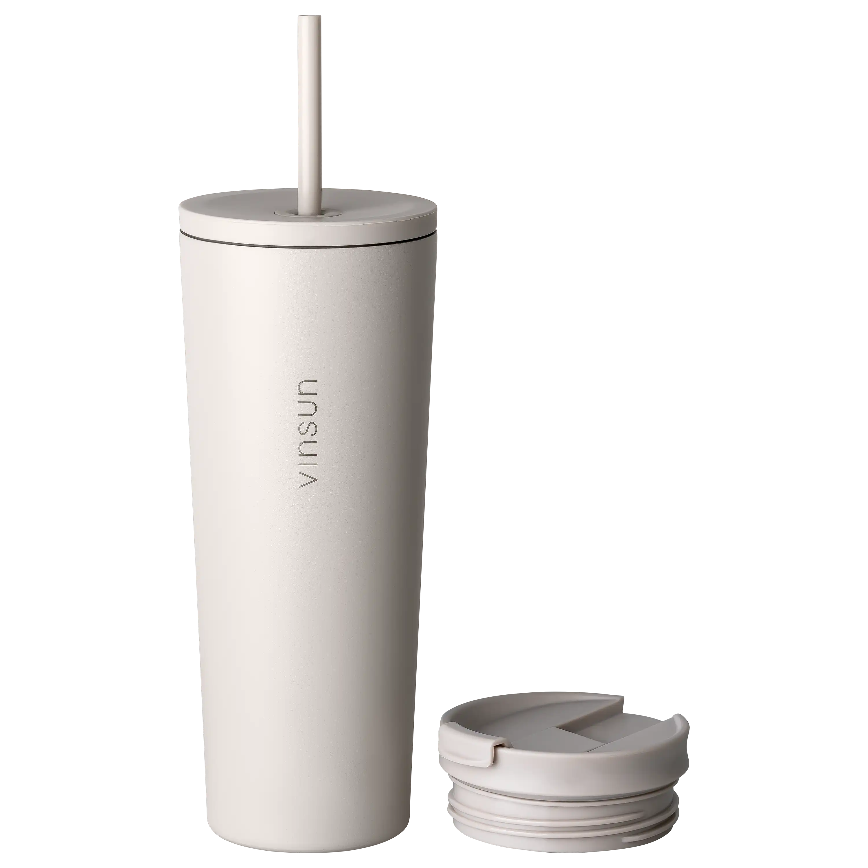 Beiger Vinsun Trinkbecher mit Strohhalm und separatem Deckel für professionelle Produktfotos von PRO-ducto GmbH.