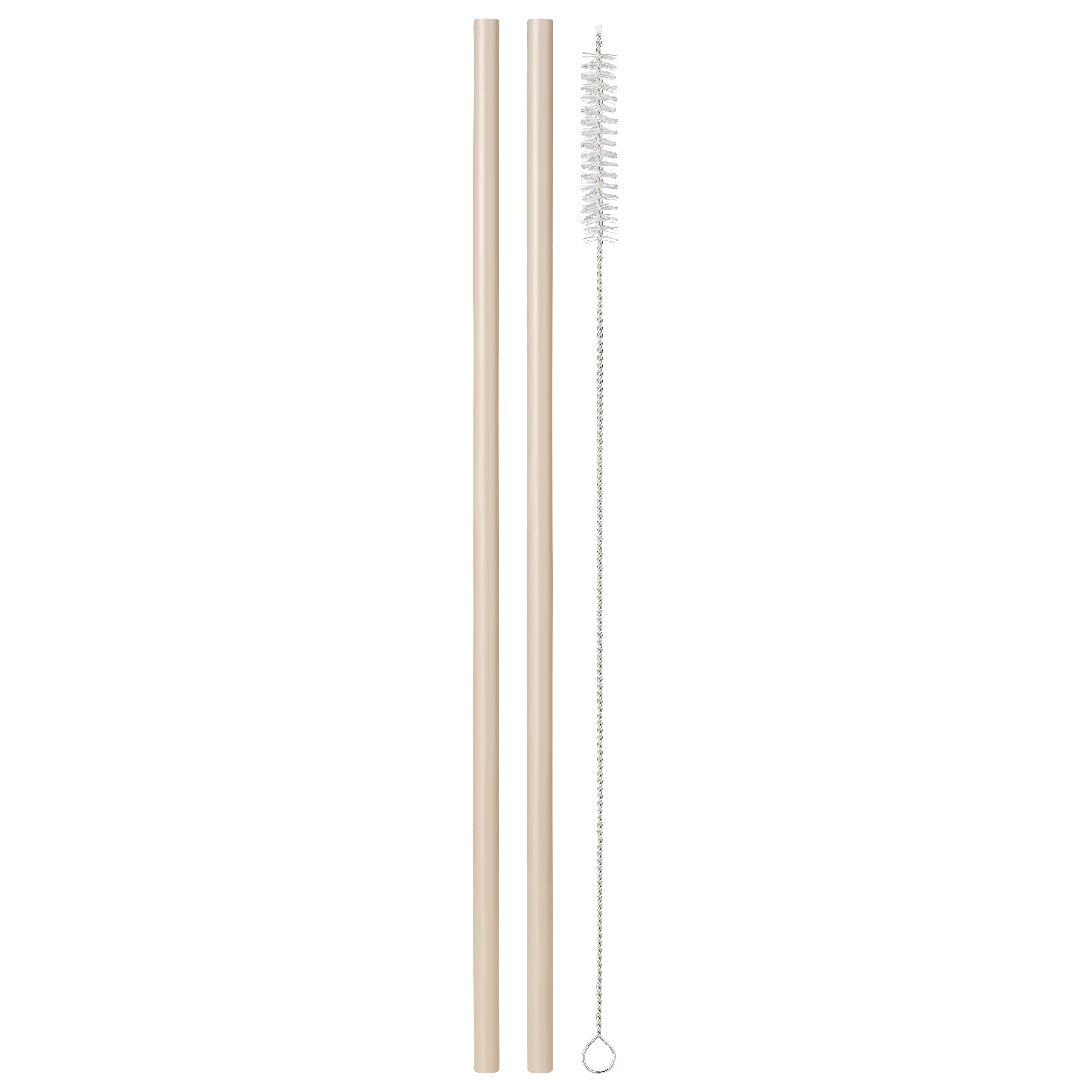 Zwei beige Trinkhalme und eine Reinigungsbürste für professionelle Produktfotos von der PRO-ducto GmbH präsentiert.