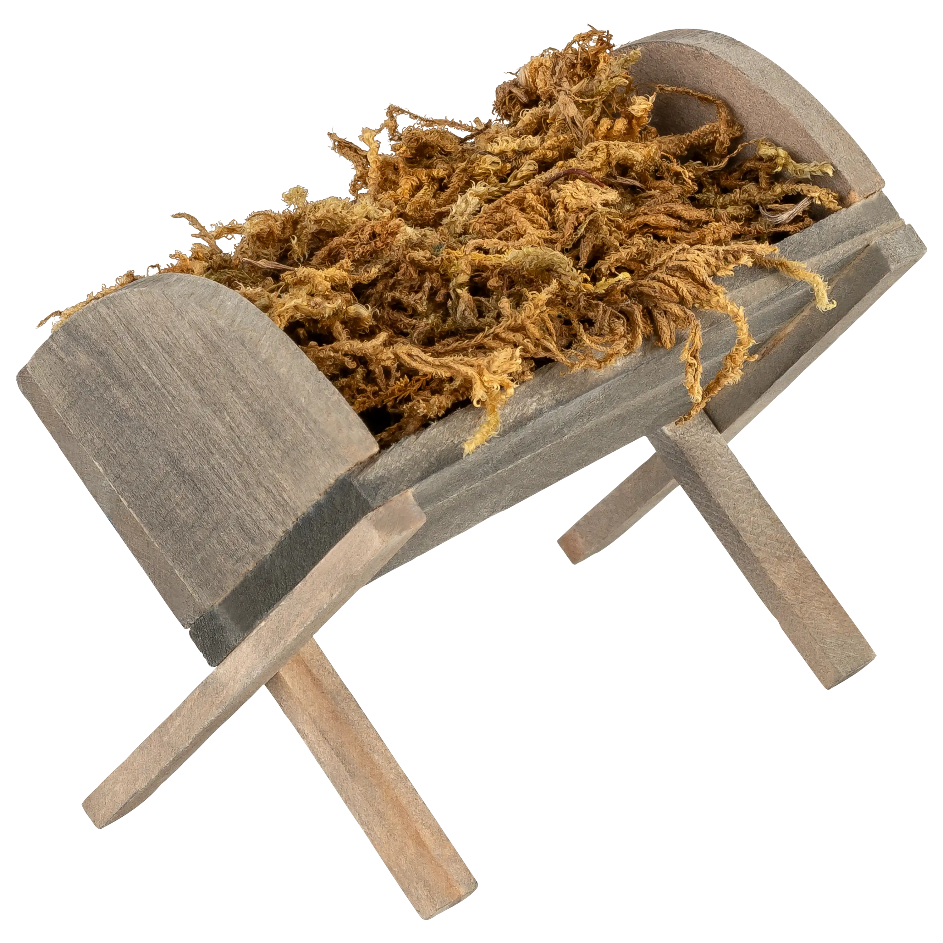 Eine rustikale Krippe aus Holz mit getrocknetem Moos gefüllt, fotografiert von der PRO-ducto GmbH vor schwarzem Grund.